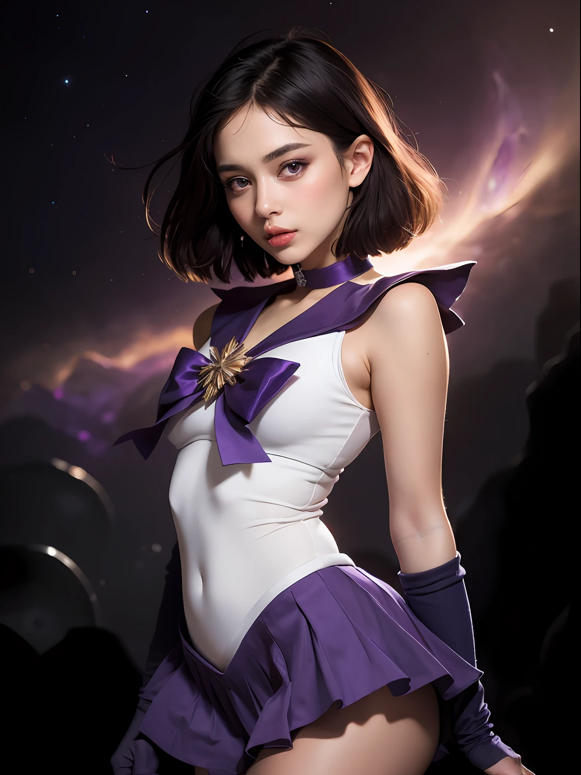 (masterpiece, best quality:1.4), (nebula background), (full body shot), (erotic pose:1.5), 1girl, solo, (european youth:1), sailor saturn, tiara, sailor senshi uniform, purple sailor collar, pleated skirt, elbow gloves, jewelry, brooch, choker, short black hair, (purple eyes:1.5), beautiful face, highly detailed face, highly detailed eyes, highly detailed skin, skin pores, subsurface scattering, realistic pupils, full face blush, full lips, detailed background, depth of field, volumetric lighting, sharp focus, absurdres, realistic proportions, good anatomy, (realistic, hyperrealistic:1.4), 16k hdr,