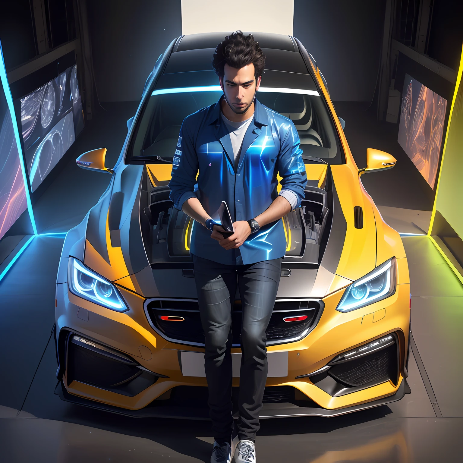 arafed image of a man working on a car model, car with holographic paint, futuristic product car shot, holographic projection, cinematic hologram, hyperrealistic, corporate holograms, advanced technique, automotive, innovative, hyperrealistic vfx simulation, automotive design art, a hologram, holograph, holographic display lenses, intelligent