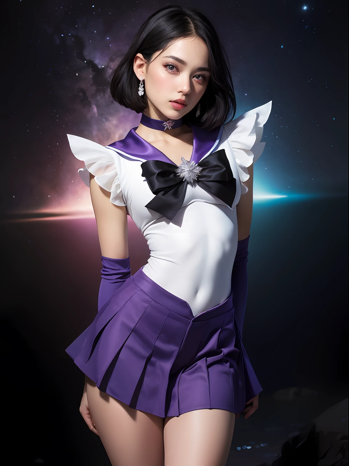 (masterpiece, best quality:1.4), (nebula background), (full body shot), (erotic pose:1.5), 1girl, solo, (european youth:1), sailor saturn, tiara, sailor senshi uniform, purple sailor collar, pleated skirt, elbow gloves, jewelry, brooch, choker, short black hair, (purple eyes:1.5), beautiful face, highly detailed face, highly detailed eyes, highly detailed skin, skin pores, subsurface scattering, realistic pupils, full face blush, full lips, detailed background, depth of field, volumetric lighting, sharp focus, absurdres, realistic proportions, good anatomy, (realistic, hyperrealistic:1.4), 16k hdr,