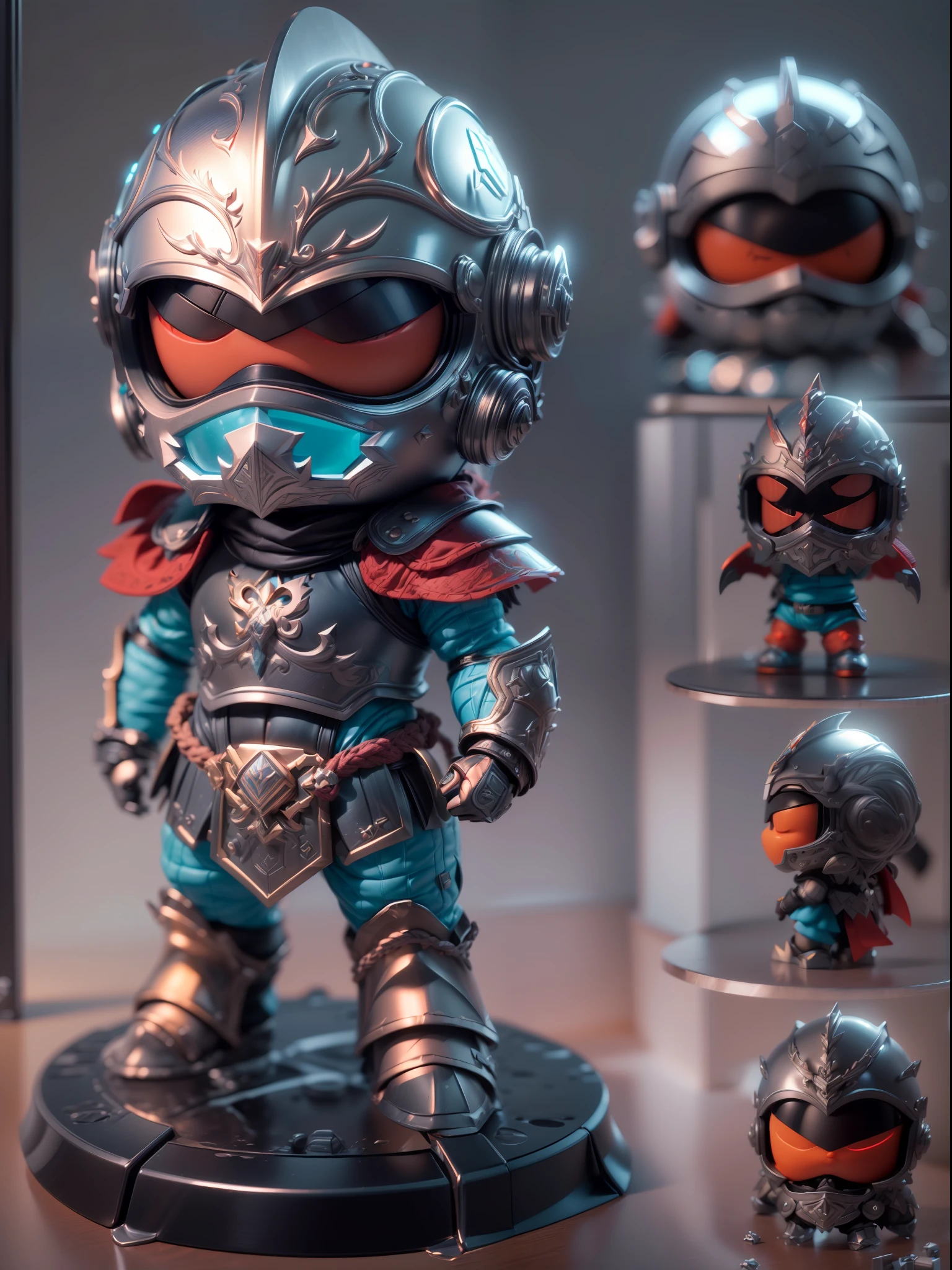 (Blind box toy style:1.2), (Full body shot) , (1 cute fat metal Barbarian)((solo)) Metal armor，Metal opaque helmet, Baroque style, dreamy glow, Clean, Black draft,red and blue style，(circular base） ( Global illumination, Ray traching, hdr, unreal render,reasonable design, high detal, Masterpiece, Best quality, hyper HD, Cinematic lighting)