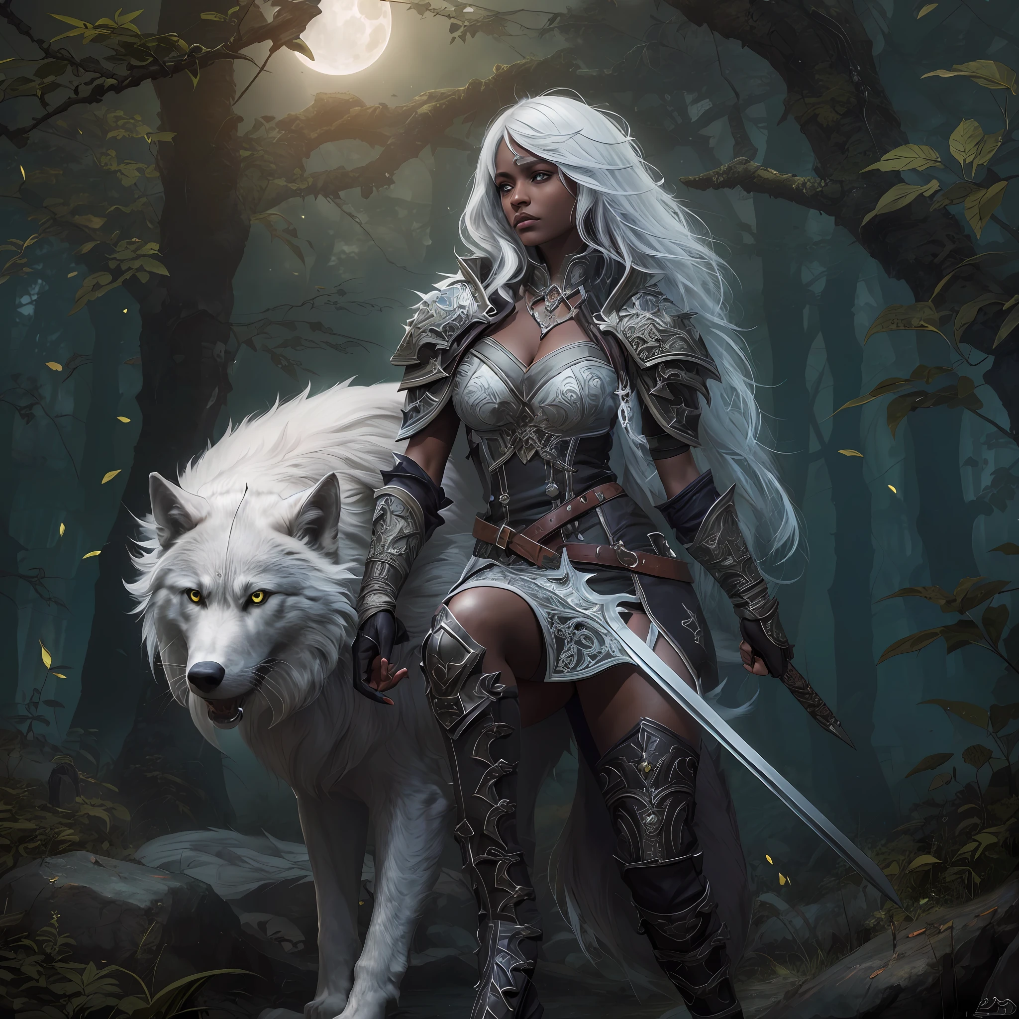 high details, best quality, 8k, [ultra detailed], masterpiece, best quality, (extremely detailed), dynamic angle, ultra wide shot, RAW, photorealistic, fantasy art, dnd art, rpg art, realistic art, a wide angle picture of a female drow ranger and her pet wolf,  warrior of nature, fighter of nature, full body, [[anatomically correct]] full body (1.5 intricate details, Masterpiece, best quality) talking to a wolf (1.6 intricate details, Masterpiece, best quality) armed with a sword  (1.5 intricate details, Masterpiece, best quality). in dark forest (1.5 intricate details, Masterpiece, best quality), a female  dark elf wearing leather armor (1.4 intricate details, Masterpiece, best quality), leather boots, thick hair, long hair, white hair, black skin intense eyes, forest  background (intense details), moon light, stars light, clouds (1.4 intricate details, Masterpiece, best quality), dynamic angle, (1.4 intricate details, Masterpiece, best quality) 3D rendering, high details, best quality, highres, ultra wide angle