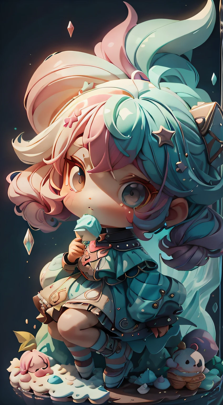 plastican00d, 1girll, tchibi, Colored hair, Luxury fabrics, dither, Ice cream texture,Profound, looking at viewert, Striped background