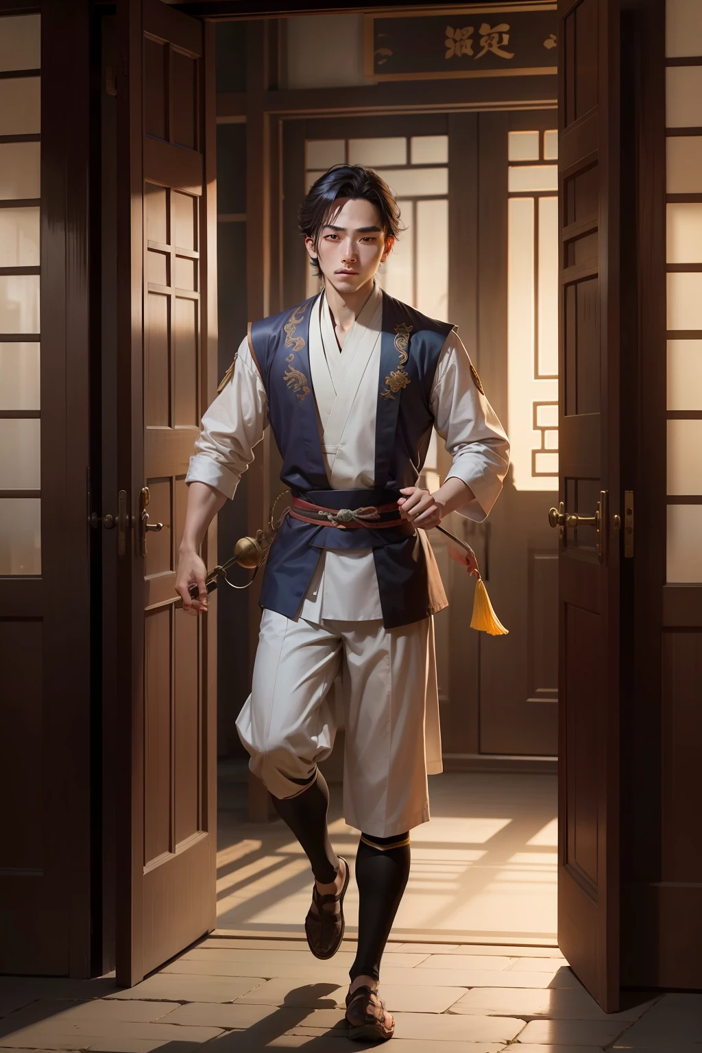 4.eventide,A twenty-year-old man dressed plainly from the Tang Dynasty,With a hurried face, he pushed the door and ran into the ancient courtyard of the Tang Dynasty。