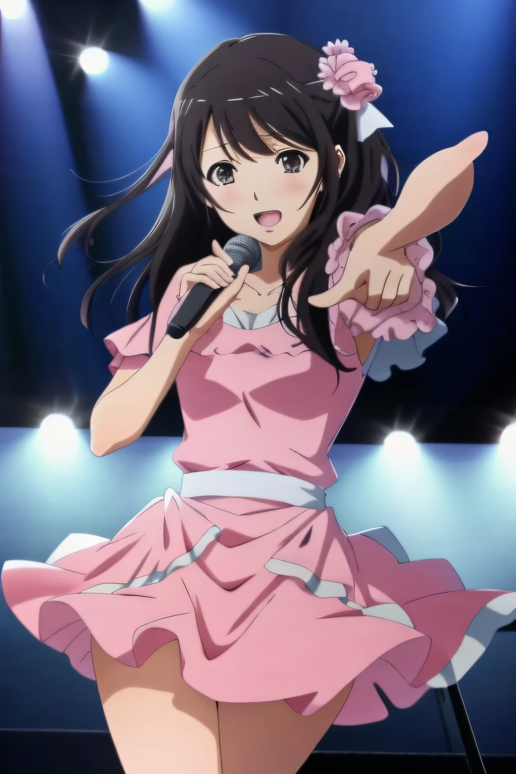 Anime girl in pink dress holding microphone、Point the camera, anime moe art style, marin kitagawa fanart, 8K!!, Shirabii, Anime visuals of cute girls, Rin, Official art, official artwork, 8K!, mayuri shiina, portrait of mayuri shiina, yuruyuri, sui ishida with black hair