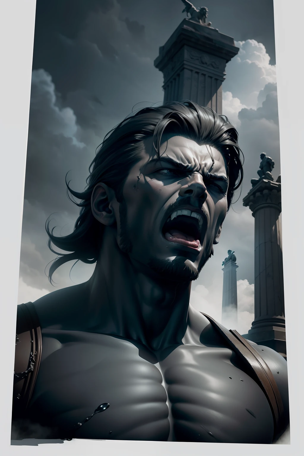 Muscular Greek grader screaming in rage, monument shaped sculpture, photographed by Andrzej Dragan, 8k, Strong contrast, cold colors, sculpted face, skin color preferably greenish, dramatic effect, ultra realistic, highly detailed, pencil drawing, sketch, Unreal engine, oil painting, heavy brushstrokes, ink drops, cyanotype, impactful image, dark atmosphere