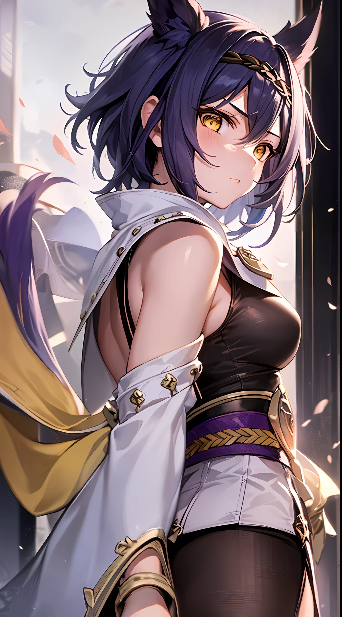 Mast, best quality, 1 girl, kujou sara \ (Genshin Impact), purple hair, yellow eyes, short hair, headband, hair accessories, looking at the audience, from the side, eula signature weapon claymore sword