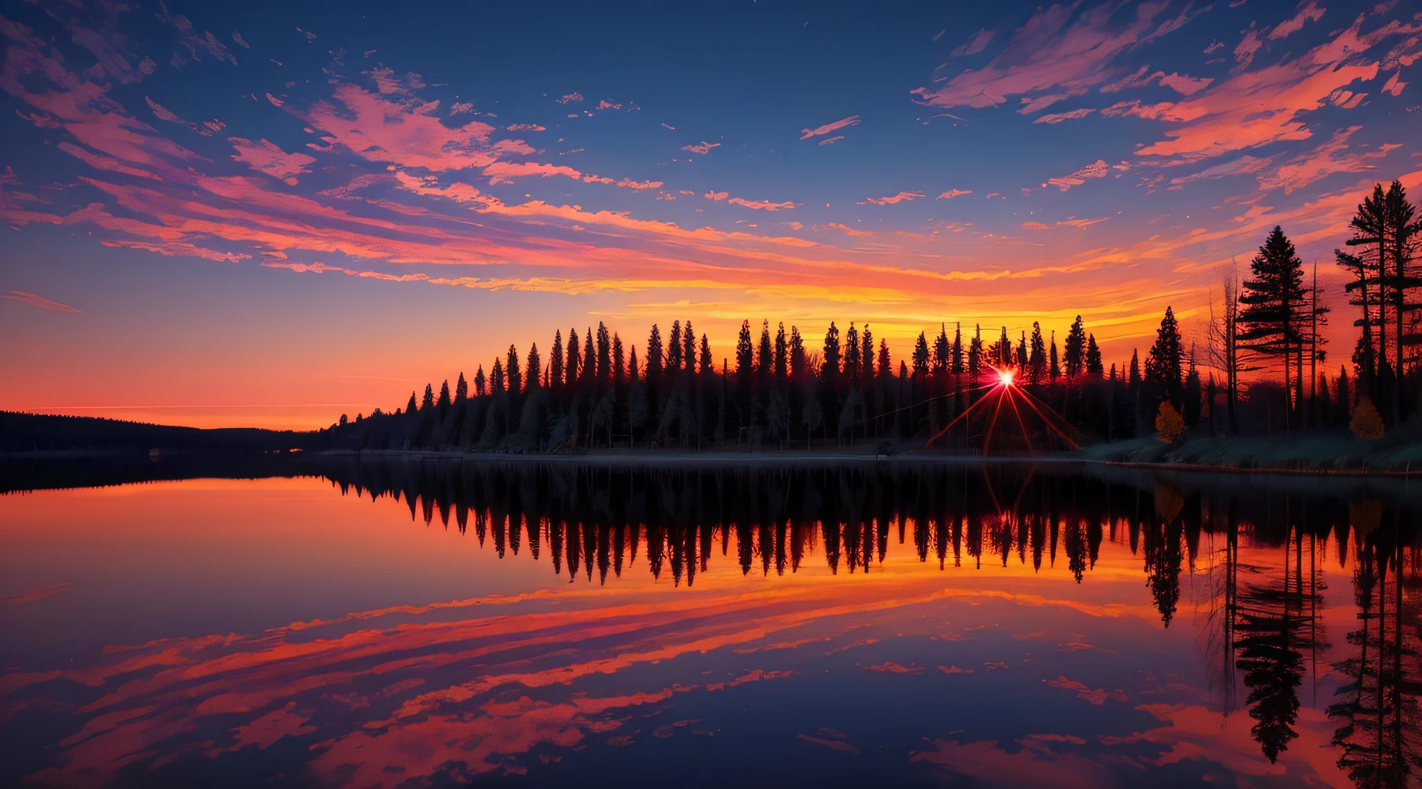 there is a beautiful sunset with a lake and trees in the background, colorful skies, surreal colors, colorful sunset, colorful sky, marvellous reflection of the sky, stunning sky, dream like atmosphere 8k, colorful clouds, colors reflecting on lake, surreal sky, red and blue reflections, fire reflection, beautiful sky, beautiful and spectacular dusk, beautiful dreamy landscape, amazing sky