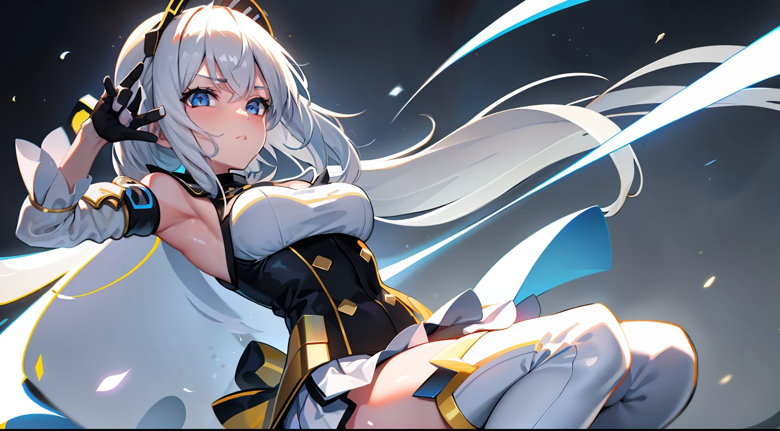 (ultra extreme details),(masterpeace),(hyper extreme),(Photorealistic),CG,(colours:1.2),1girll, Solo, Haruka Takamori, Blue eyes, White hair, white hair ribbon, magical ***********, white apparel, white thigh highs, White skirt, moderate breast, Look at the viewer, Rained, sky, 废墟, Burning City, Cyberpunk