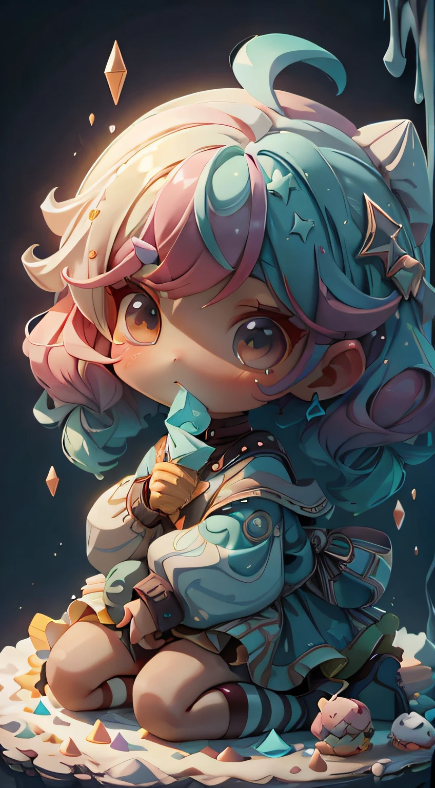 plastican00d, 1girll, tchibi, Colored hair, Luxury fabrics, dither, Ice cream texture,Profound, looking at viewert, Striped background