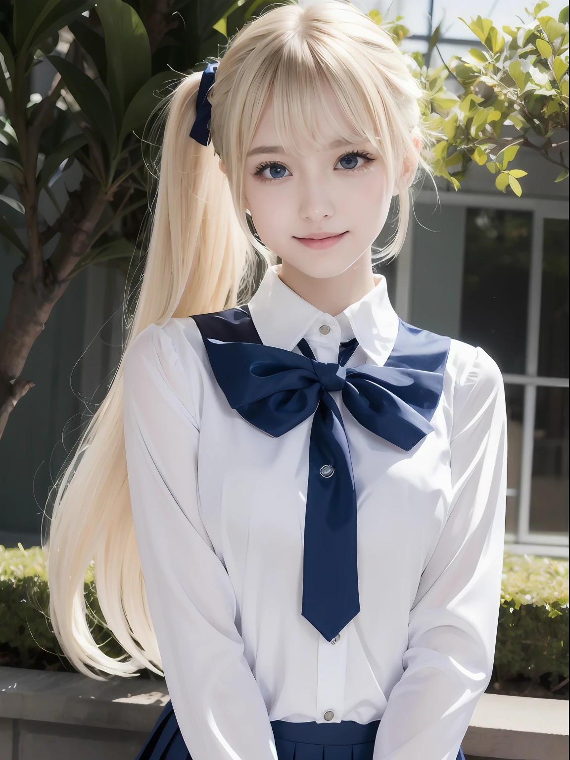 portlate、School Uniforms、bright expression、poneyTail、Young shiny shiny white shiny skin、Best Looks、Blonde reflected light、Platinum blonde hair with dazzling highlights、shiny light hair,、Super long silky straight hair、Beautiful bangs that shine、Glowing crystal clear attractive big blue eyes、Very beautiful nice cute 16 year old girl、Lush bust,Raise both arms,(Aside)、tall、full body Esbian、乃木坂アイドル