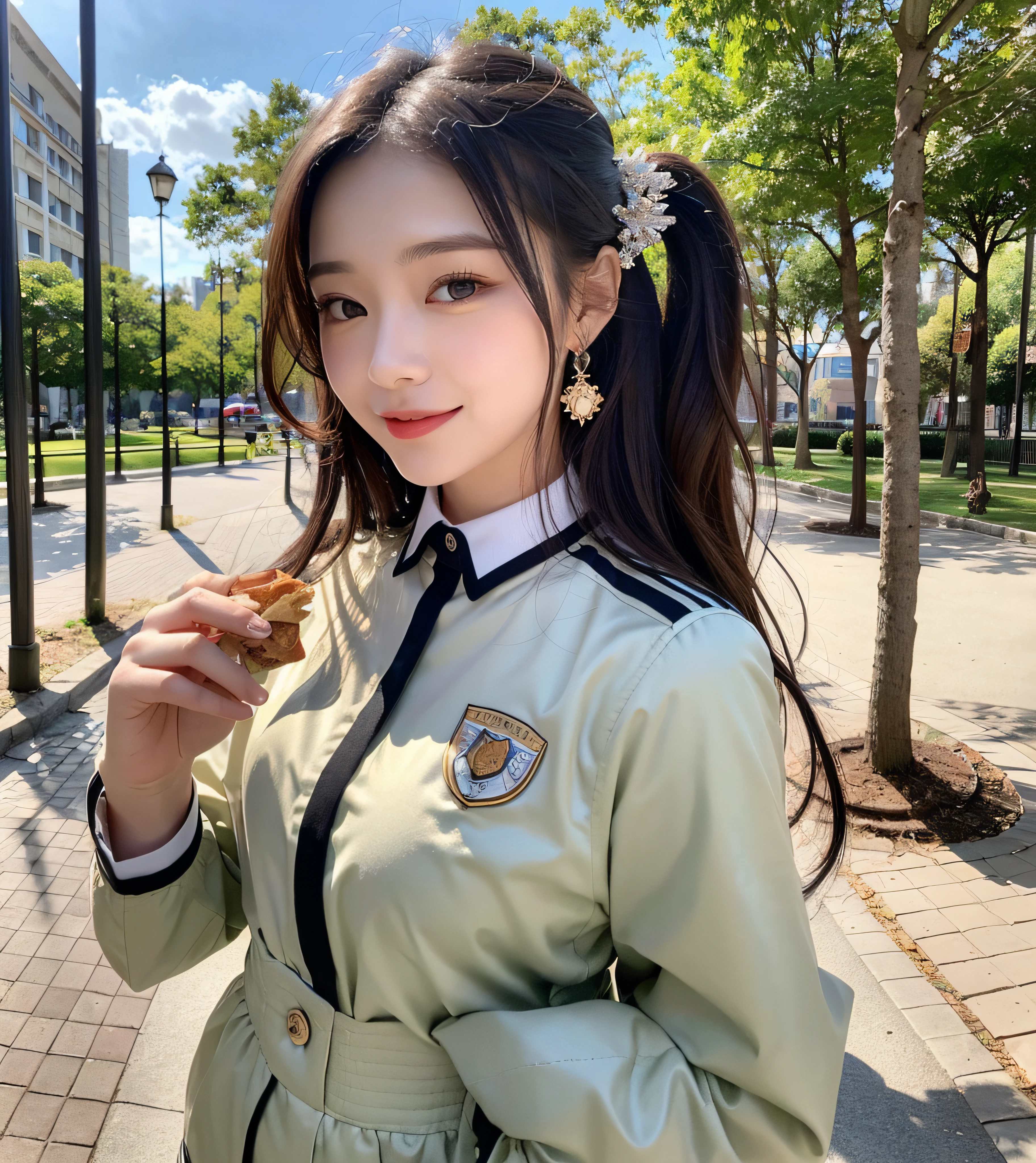 Realistic:1.2), 18yo Girl, (((at beautiful park))), wears a beauty uniform, ((holding a small snack on a plate)), Perfect chest shape, (Happy expression, Standing: 1.2), hair ornaments, pale skin, looking at the viewer, small waist