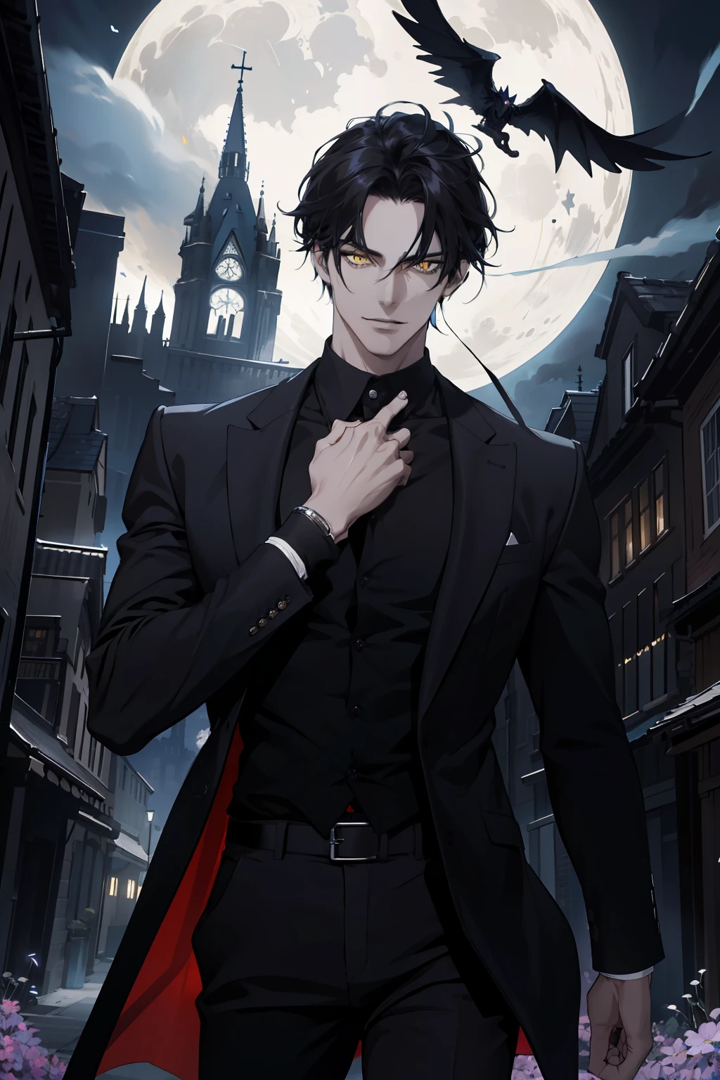 (absurdres, highres, ultra detailed), masterpiece, best quality, 1 male, male focus, handsome, black hair, forehead hair, yellow eyes, thin, wear black shirt, open two buttons in his shirt, collabone, wear black trouser, wear watch in left hand, wear black glove, tall, mature, evil smile, in alley, 4k hd, dark, upper body, not looking at viewer, villian vibe, finely detailed eyes and detailed face, fantasy, night, dark theme, cinematic lighting, colorful, portrait, flying petal, Flowery meadow, cloudy sky, building, moon, light, dutch angle, cowboy shot