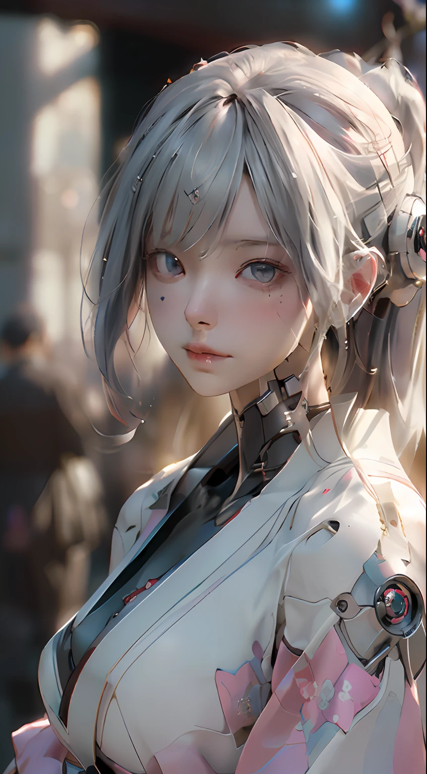 walking around Japan summer festival, pink kimono, (Best Quality), ((Masterpiece), (Detail: 1.4), 3D, A Beautiful Cyberpunk Woman, HDR (High Dynamic Range), Ray Tracing, NVIDIA RTX, Super-Resolution, Unreal 5, Subsurface Scattering, PBR Textures, Post-Processing, Anisotropic Filtering, Depth of Field, Maximum Sharpness and Clarity, Multi-layer Textures, Albedo and Highlight Maps, Surface Shading, Exact simulation of light-material interactions, perfect proportions, Octane Render, bicolor light, large aperture, low ISO, white balance, rule of thirds, 8K RAW, close-up of a woman with very long hair and a very large body, perfect anime robot woman, anime robot with organic mix, best anime 4K konachan wallpaper, detailed digital anime art, beautiful girl cyborg, portrait of cyborg queen, cyborg - silver girl, biomechanics oppai, Digital cyberpunk anime art