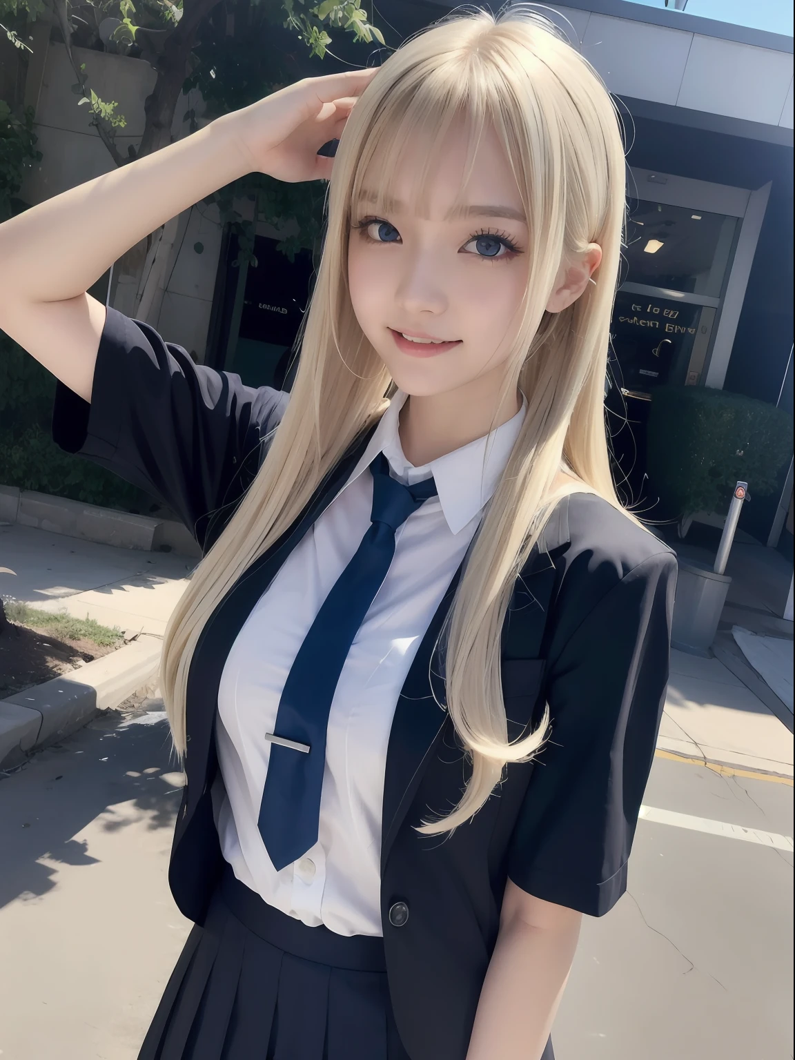 portlate、School Uniforms、bright expression、poneyTail、Young shiny shiny white shiny skin、Best Looks、Blonde reflected light、Platinum blonde hair with dazzling highlights、shiny light hair,、Super long silky straight hair、Beautiful bangs that shine、Glowing crystal clear attractive big blue eyes、Very beautiful nice cute 16 year old girl、Lush bust,Raise both arms,(Aside)、tall、full body Esbian、乃木坂アイドル