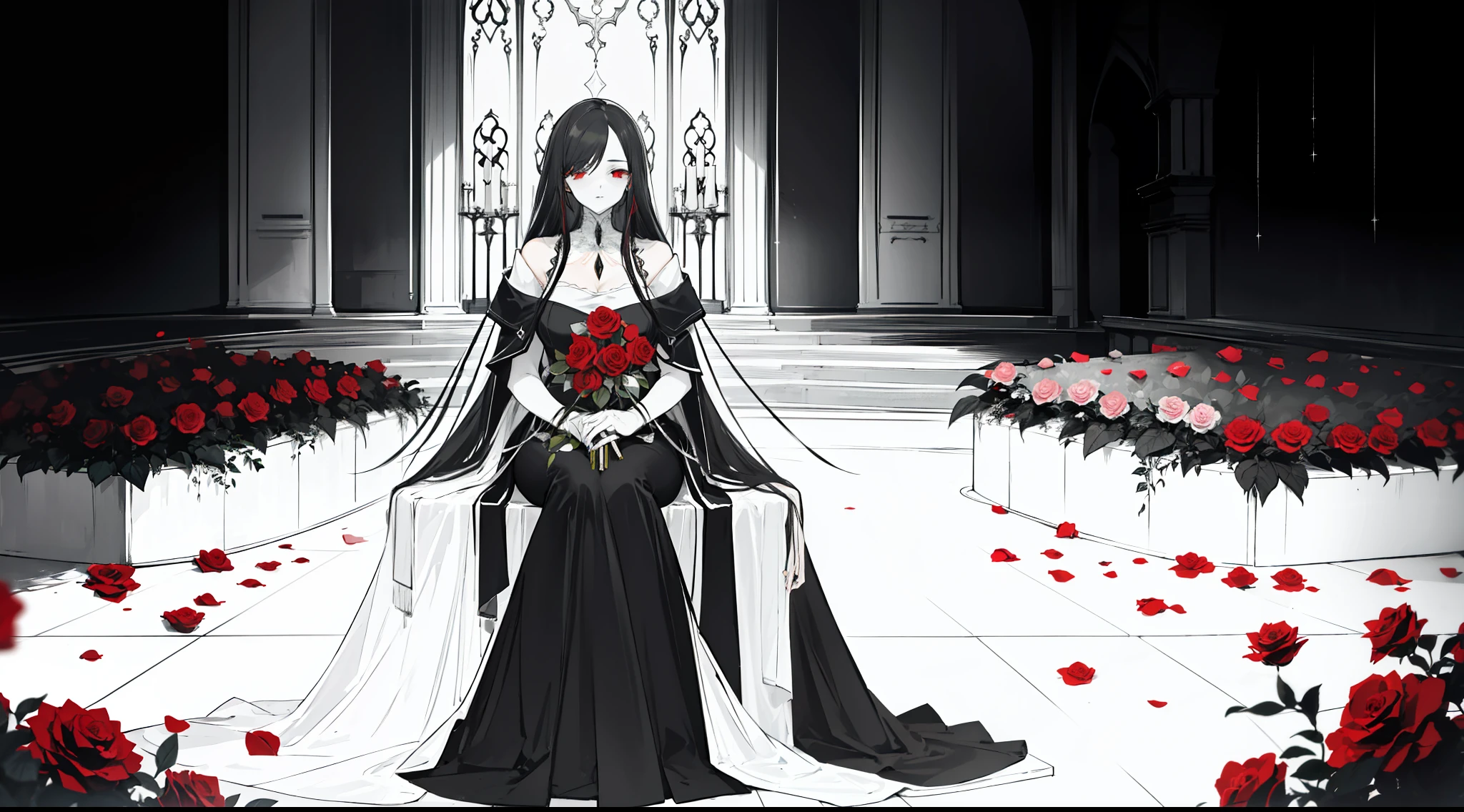 "Monochromatic. Elegant mature woman with black hair sitting in the middle of the altar, red roses surround her covering her pale skin. She had died hundreds of years ago, but her body was still intact. (Monochromatic)"