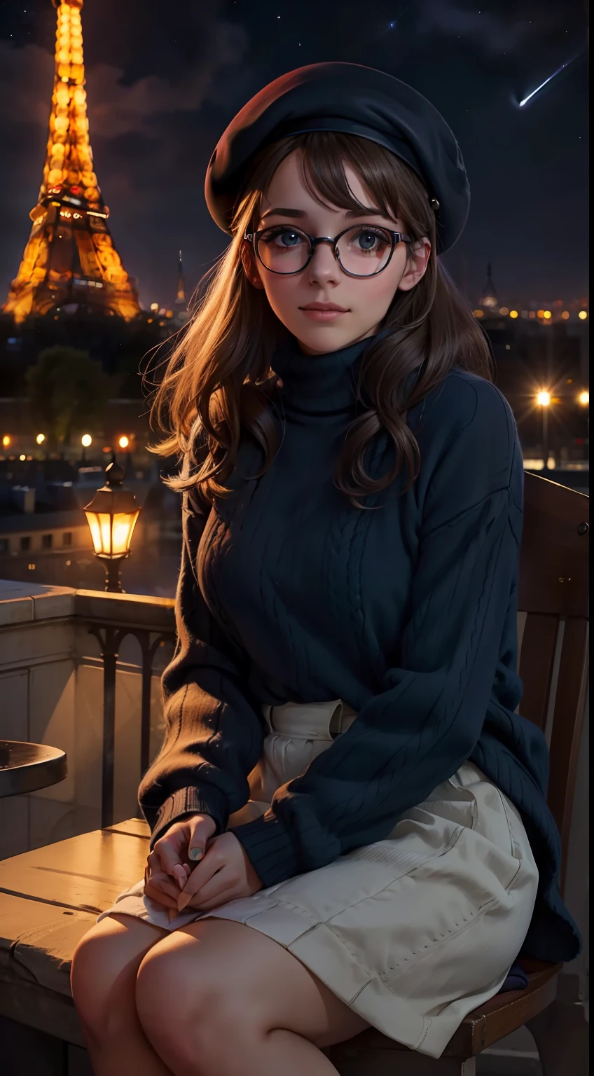 "A french girl with adorable glasses, a beret, and a cozy turtleneck shirt, sitting gracefully under the night sky, with the majestic Eiffel Tower in the background."