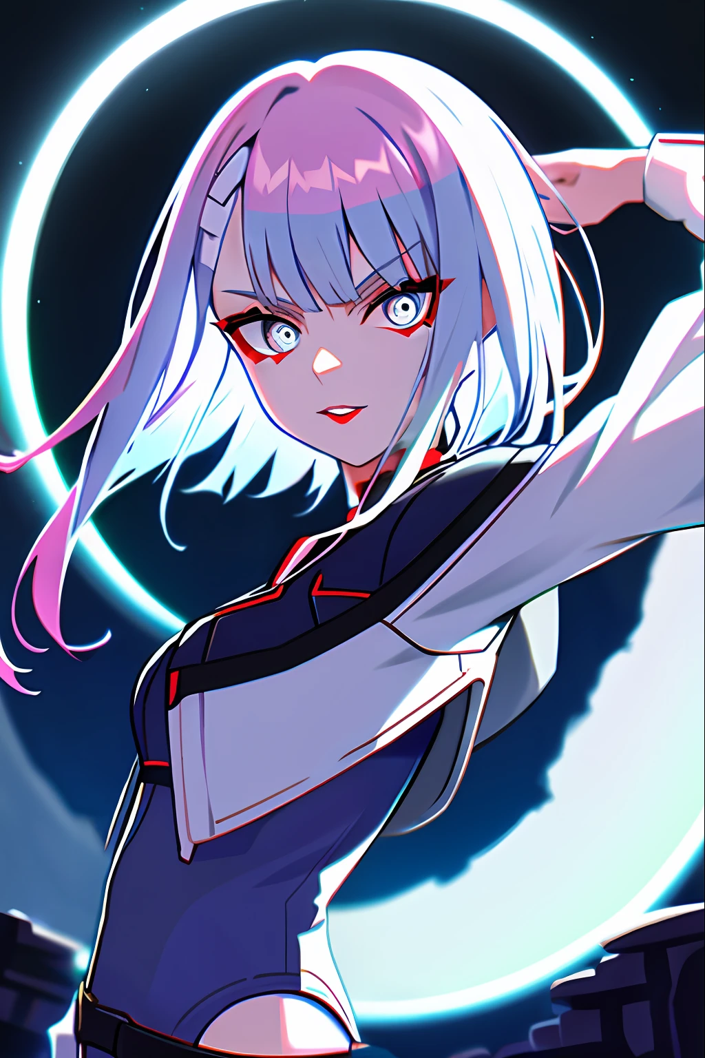 lucy \(cyberpunk\), 1girl, arm up, bangs, blue hair, colored tips, full moon, grey eyes, jacket, long sleeves, looking at viewer, medium hair, moon, multicolored hair, parted bangs, parted lips, pink hair, portrait, red eyeliner, red lips, solo, white jacket, cyberpunk \(series\), cyberpunk edgerunners