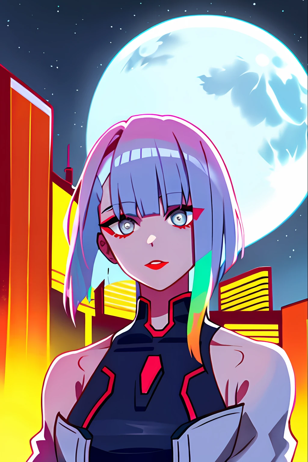 lucy \(cyberpunk\), 1girl, arm up, bangs, blue hair, colored tips, full moon, grey eyes, jacket, long sleeves, looking at viewer, medium hair, moon, multicolored hair, parted bangs, parted lips, pink hair, portrait, red eyeliner, red lips, solo, white jacket, cyberpunk \(series\), cyberpunk edgerunners