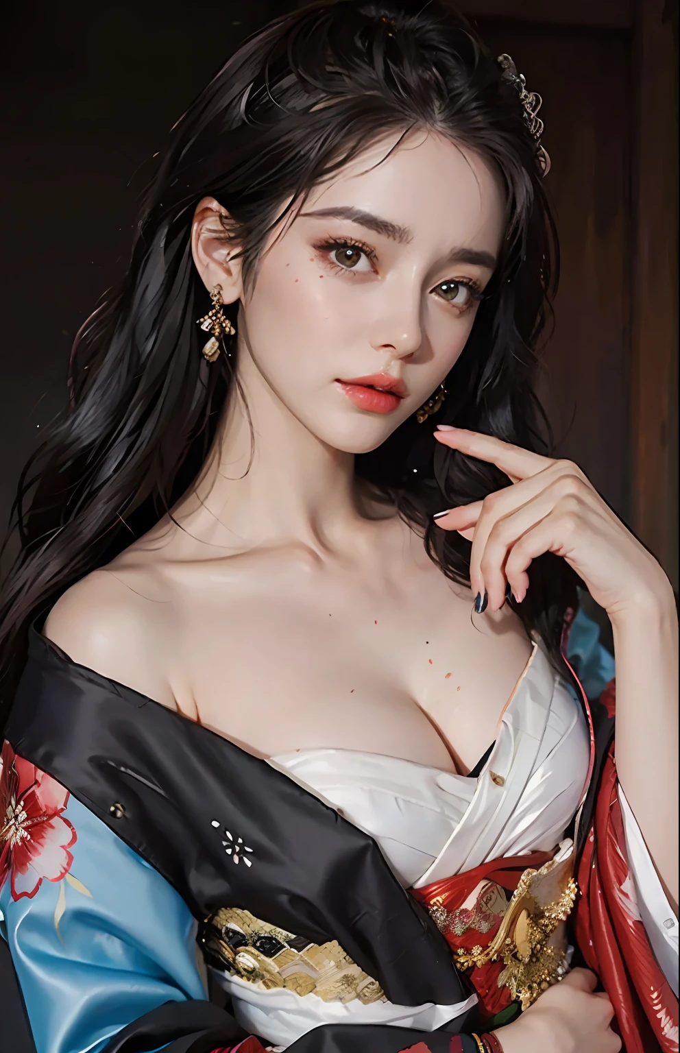shukezouma, octane render, hdr, (hyperdetailed:1.25), (soft light, sharp:1.2), 1girl, beautiful girl, dark-brown hair, ultra detailed eyes, , painting drops, paint teardrops, woman made up from paint, entirely paint, splat, splash, long colored hair, kimono made from paint, ultra detailed texture kimono, paint kimono, paint bulb, exposed cleava, paint dr, indoors, exposed shoulders, tears, sexy, shoulders vble, thighs exposed, semi naked, focus on faceutiful face, eye shadow, dark eye outline, Russian face, Russian girl, mascara, beautiful, 18 year old
