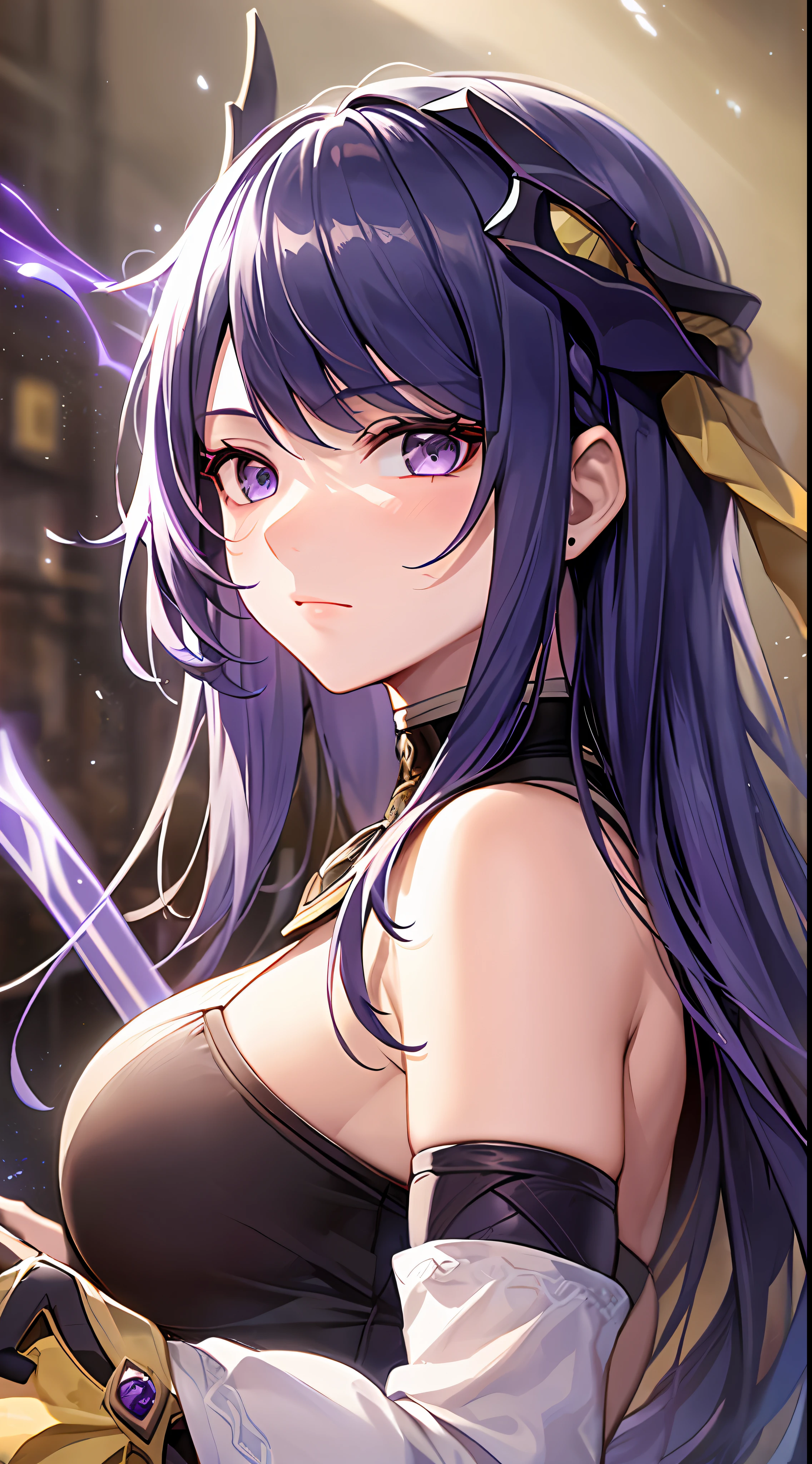Mast, best quality, 1 girl, raiden \ (Genshin Impact), purple hair, purple eyes, long hair, headband, hair accessories, looking at the audience, from the side, eula signature weapon claymore sword