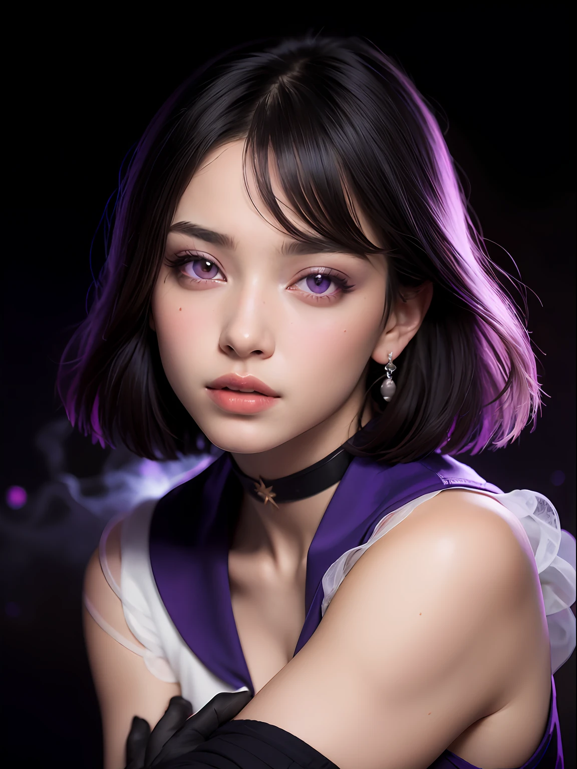 (masterpiece, best quality:1.4), (nebula background), (erotic pose:1.5), 1girl, solo, (european youth:1), sailor saturn, tiara, sailor senshi uniform, purple sailor collar, pleated skirt, elbow gloves, jewelry, brooch, choker, short black hair, (purple eyes:1.5), beautiful face, highly detailed face, highly detailed eyes, highly detailed skin, skin pores, subsurface scattering, realistic pupils, full face blush, full lips, detailed background, depth of field, volumetric lighting, sharp focus, absurdres, realistic proportions, good anatomy, (realistic, hyperrealistic:1.4), 16k hdr,