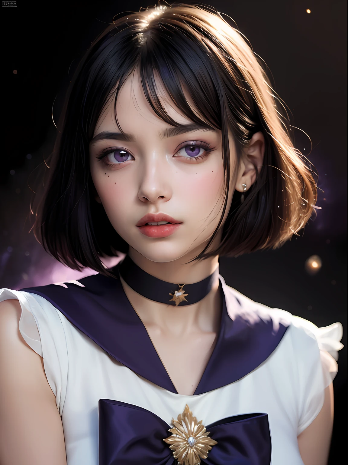 (masterpiece, best quality:1.4), (nebula background), (erotic pose:1.5), 1girl, solo, (european youth:1), sailor saturn, tiara, sailor senshi uniform, purple sailor collar, pleated skirt, elbow gloves, jewelry, brooch, choker, short black hair, (purple eyes:1.5), beautiful face, highly detailed face, highly detailed eyes, highly detailed skin, skin pores, subsurface scattering, realistic pupils, full face blush, full lips, detailed background, depth of field, volumetric lighting, sharp focus, absurdres, realistic proportions, good anatomy, (realistic, hyperrealistic:1.4), 16k hdr,