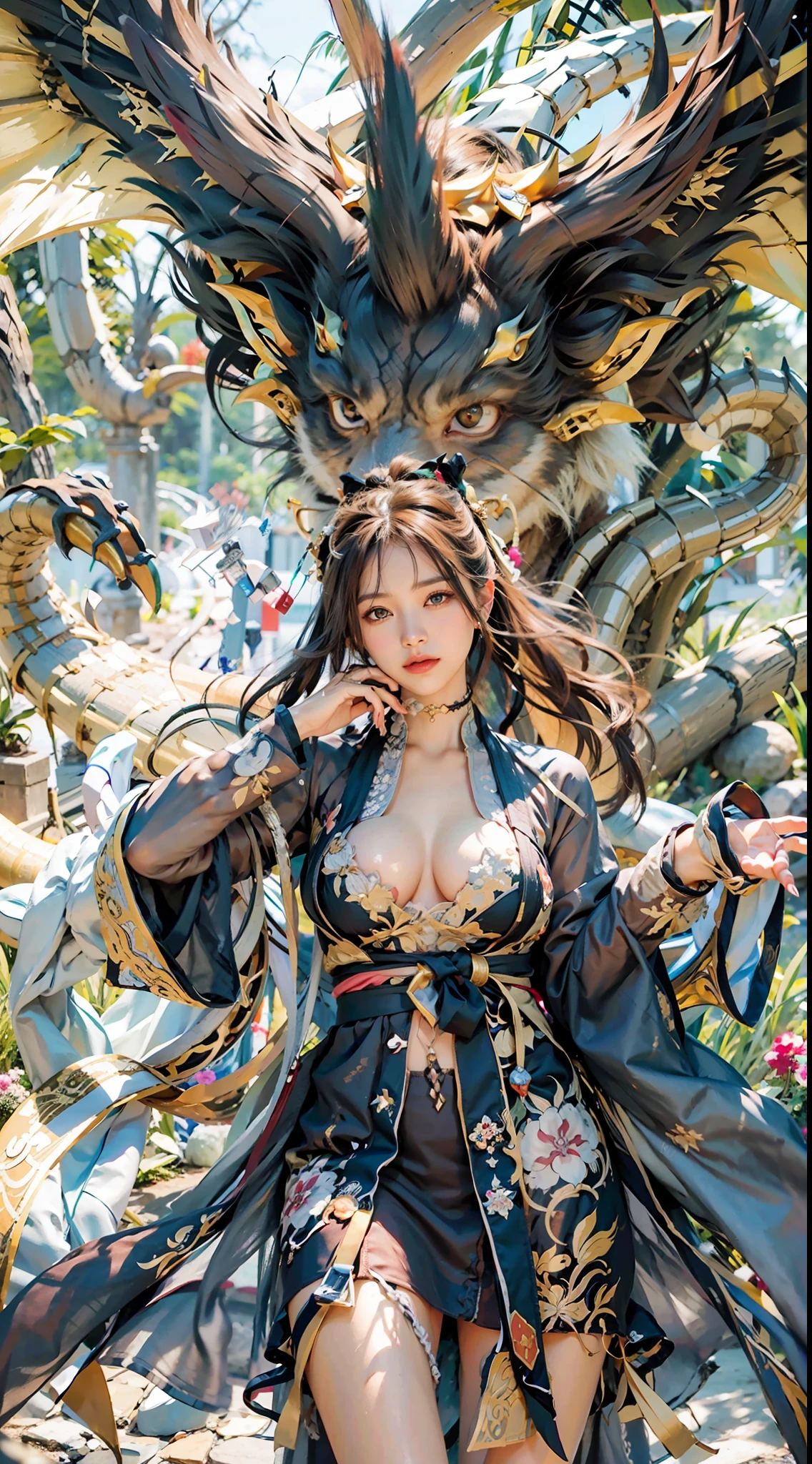 ulzang-6500-v1.1,(RAW photo:1.2), (Photorealistic:1.4), Beautiful Meticulous Girl, very detailed eyes and faces, Beautiful detailed eyes,  hugefilesize, ultra - detailed, A high resolution, The is very detailed，（（gigantic cleavage breasts，Yang beyond，））， （chiseled abs：1.1），（perfect bodies：1.1），（long whitr hair：1.2），（Silvery hair），Lace collar，full body shot shot，（（wearing a dragon robe，Black Hanfu，Golden dragon pattern）），（（Cardigan dragon robe）），（Very detailed CG 8k wallpaper），（Extremely refined and beautiful），（tmasterpiece），（best qualtiy：1.0），（超A high resolution：1.0），beautiful illumination，perfect lightning bolt，realistic shaded，[A high resolution]，Detailed skins， Hyper-detailing（（（a color））），high realistic（（（Sit on the dragon chair of the ancient emperor）））