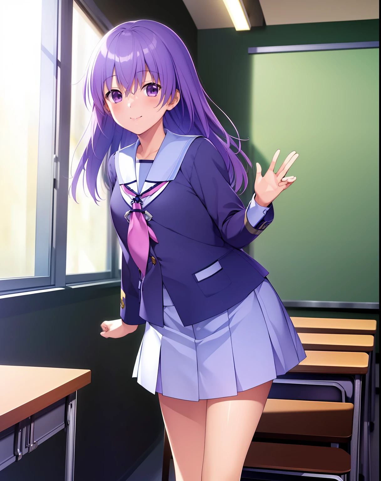 ((Masterpiece)), ((Best quality)), ((A high resolution)), ((Extremely detailed Cg Unity 8K wallpaper)), Solo, Classroom, Smile, irie miyuki, school uniform, lavender skirt, White socks,