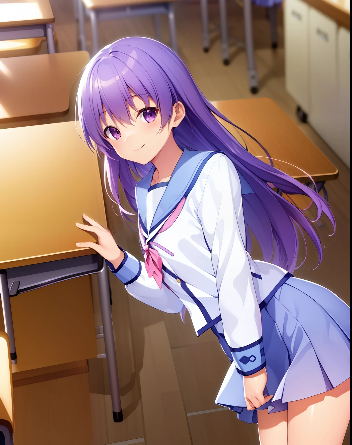 ((Masterpiece)), ((Best quality)), ((A high resolution)), ((Extremely detailed Cg Unity 8K wallpaper)), Solo, Classroom, Smile, irie miyuki, school uniform, lavender skirt, White socks,