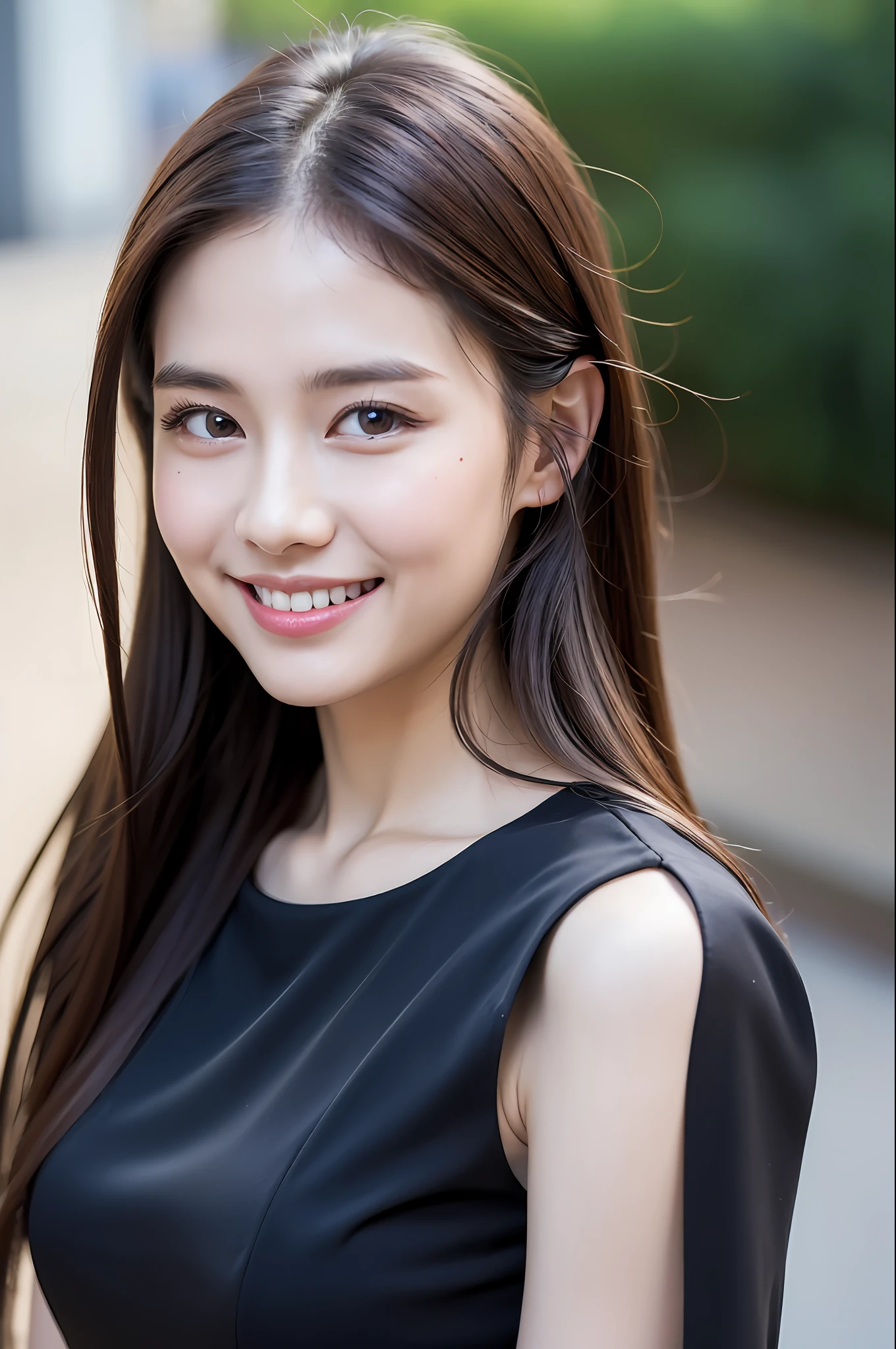 ((Best quality, 8k, Masterpiece :1.3)), 1girl, smiling, full body, slim face, Pretty woman, (Dark brown hair), full length dress :1.1, Ultra-detailed face, Detailed eyes, Double eyelid, blur background, slim face, city, outside, street,