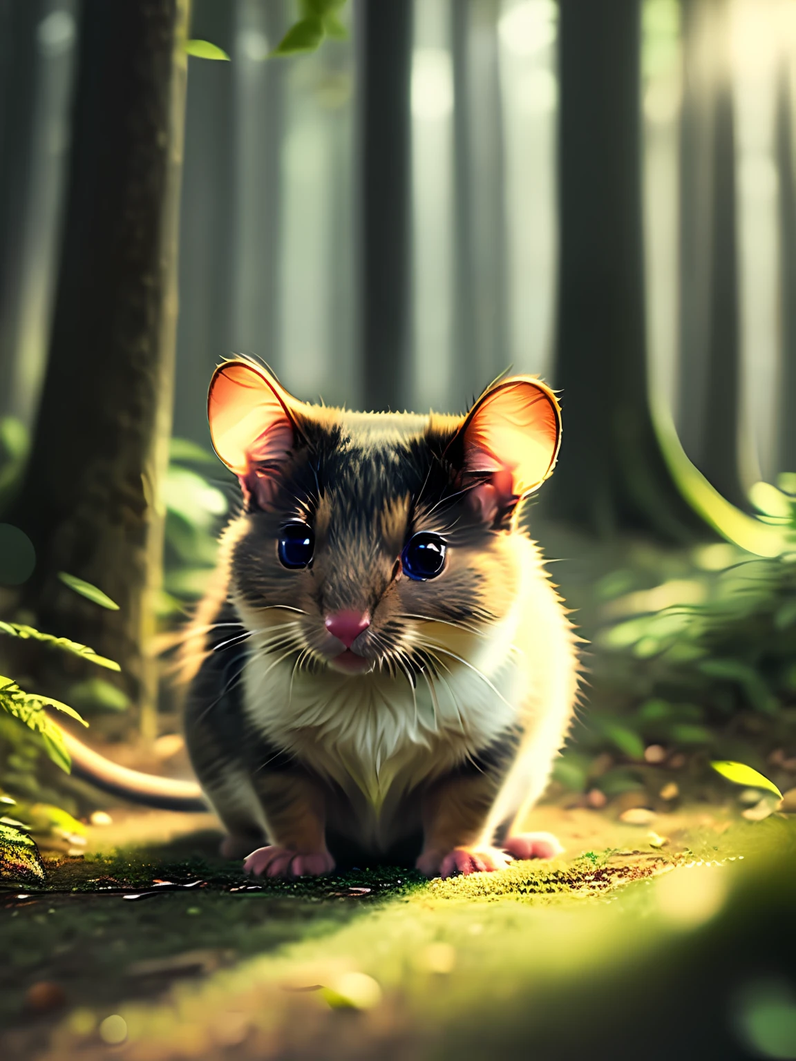 foto em close de um rato, mouse, not cat, adorable cute in the forest, olhar triste, soft volumetric lights (retroiluminação: 1.3), (kinematics: 1.2), detalhes intrincados (ArtStation: 1.3), Rutkowski