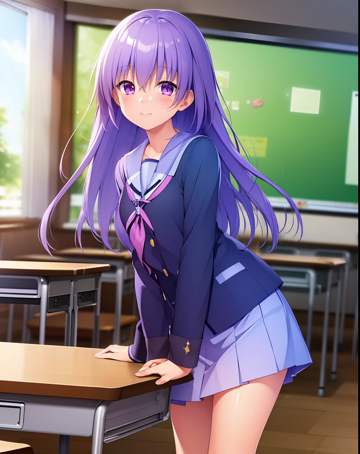 ((Masterpiece)), ((Best quality)), ((A high resolution)), ((Extremely detailed Cg Unity 8K wallpaper)), Solo, Classroom, Smile, irie miyuki, school uniform, lavender skirt, White socks,