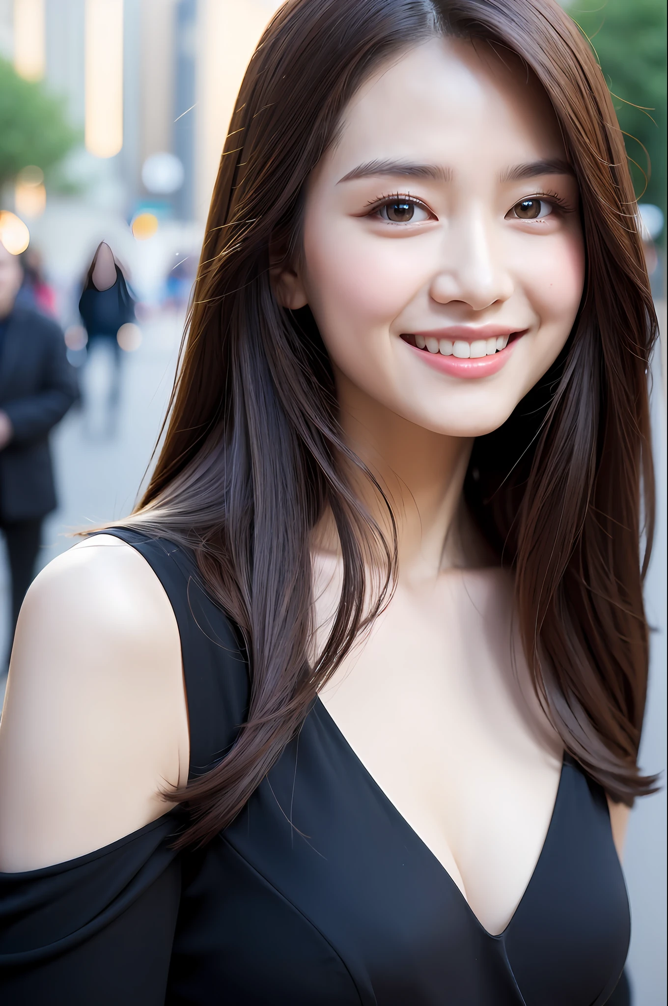 ((Best quality, 8k, Masterpiece :1.3)), 1girl, smiling, full body, slim face, Pretty woman, (Dark brown hair), full length dress :1.1, Ultra-detailed face, Detailed eyes, Double eyelid, blur background, slim face, city, outside, street,