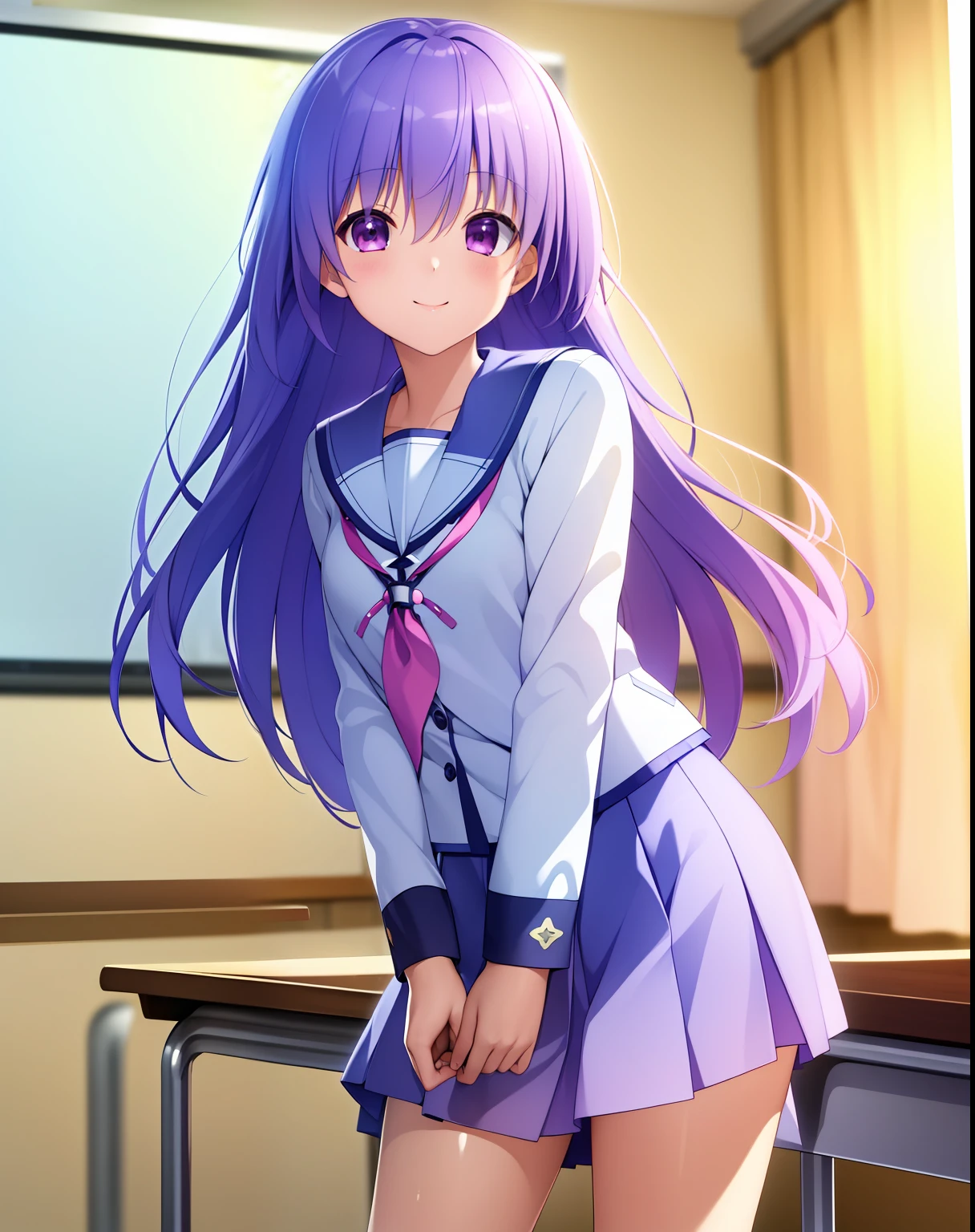 ((Masterpiece)), ((Best quality)), ((A high resolution)), ((Extremely detailed Cg Unity 8K wallpaper)), Solo, Classroom, Smile, irie miyuki, school uniform, lavender skirt, White socks,