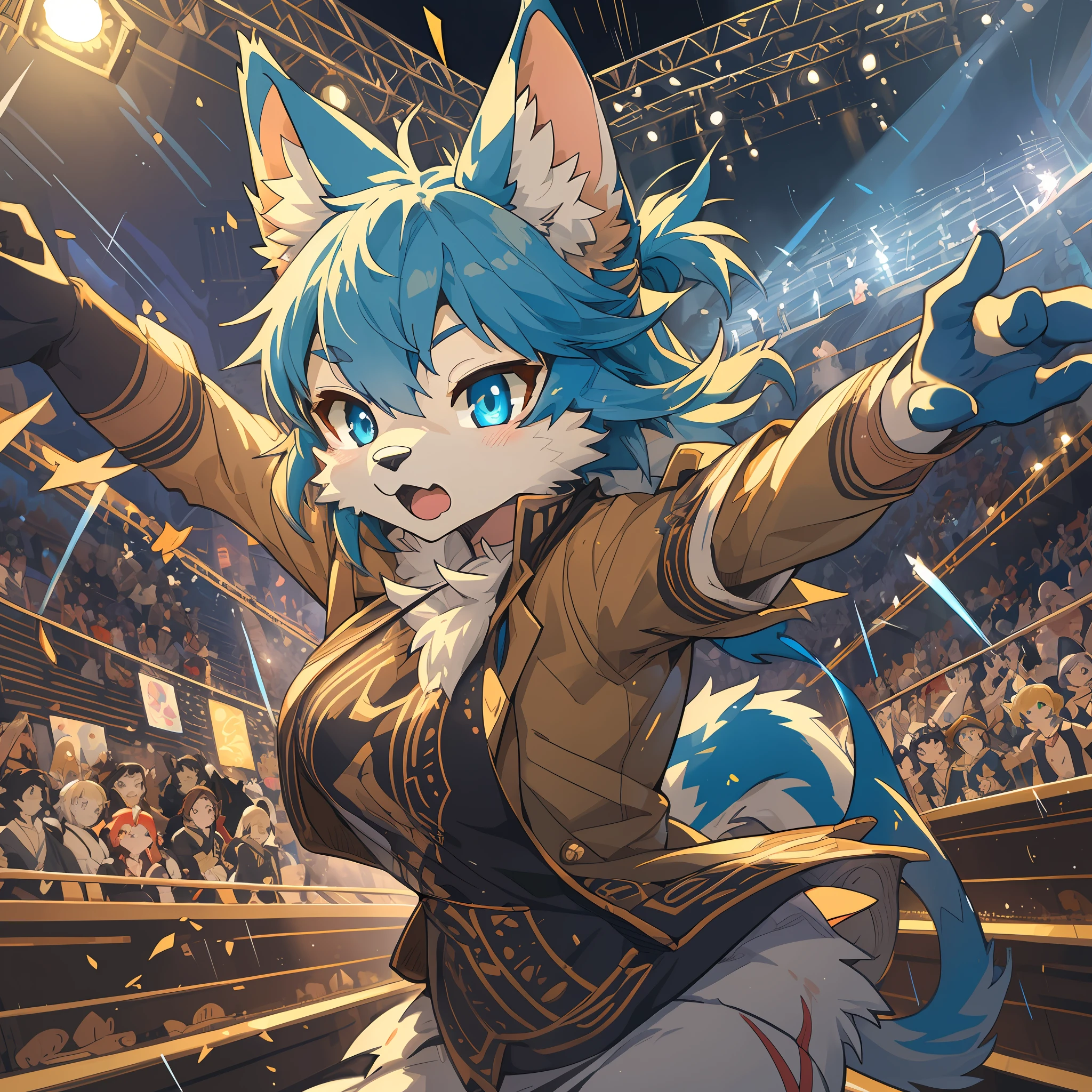 top quality, best quality, High-quality illustrations, masterpiece, super high resolution, detailed background, stage, Revue, Broadway, 6+boys, 6+girls, absurdres(highly detailed beautiful face and eyes)perfect anatomy, expression, good lighting, cinematic shadow(kemono, furry anthro)assorted poses(sound effects, motion blur),