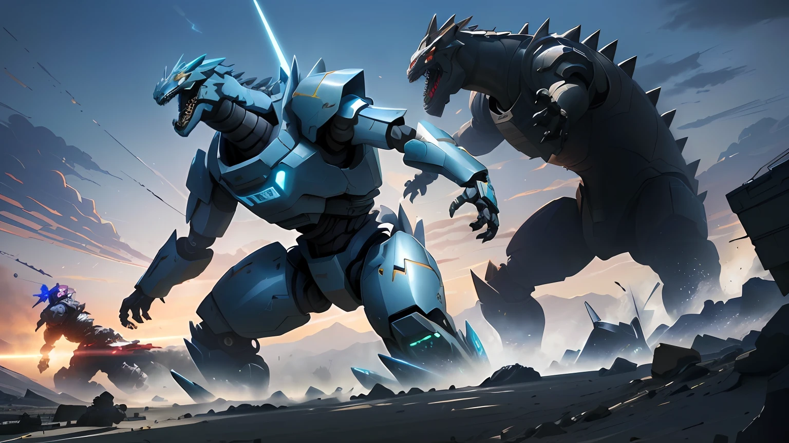 There are two robots fighting for a huge monster in the desert, kaiju battle, Godzilla vs. Mecha Godzilla, zoids art, Giant robots, sharp robot dragon paws, blastoise, Badass anime 8 K, from pacific rim, Concept art wallpaper 4K, android jones and rhads, sharp high quality artwork, high detailed official artwork
