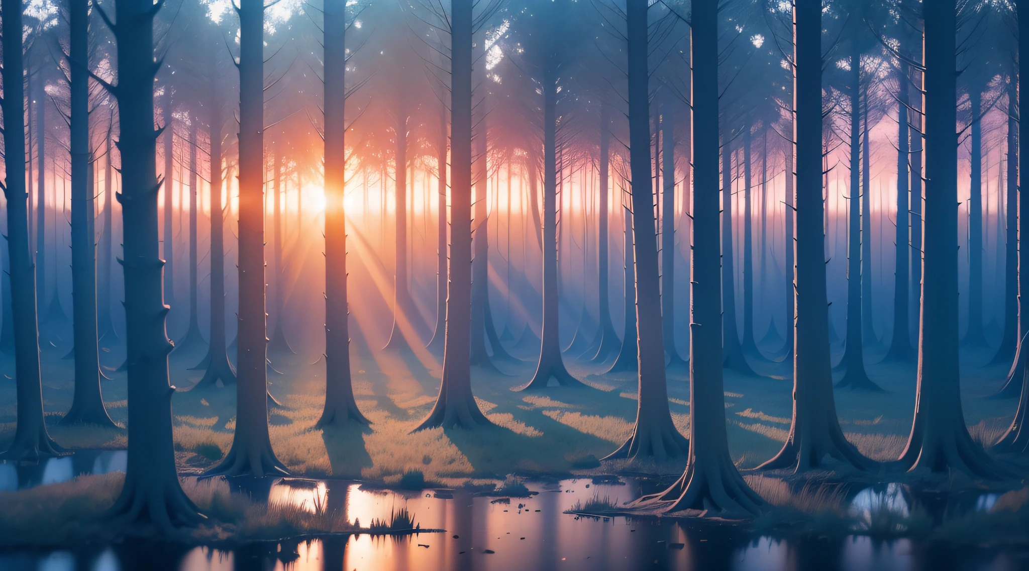 blue sunset, god rays ,forest,highly detailed colors, watercolour, abstract painting by Beksinski, part of Adrian Ghenie and Gerhard Richter, masterpiece,8k high resolution, ultra render cinematic--3:2—