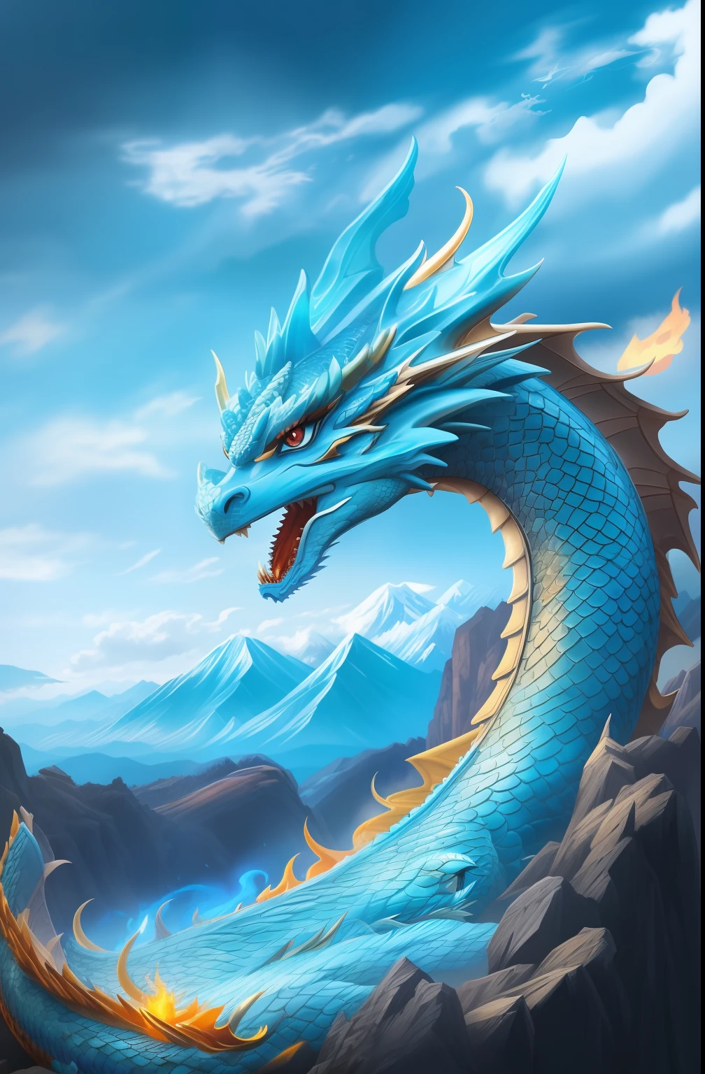 Close-up of a dragon with mountains in the background, cyan chinese dragon fantasy, Chinese dragon, smooth chinese dragon, blue dragon, chinese dragon concept art, fire flaming dragon serpent, Majestic Japanese Dragon, colossal dragon as background, dragon art, epic dragon, Phoenix Dragon, blue scaled dragon, legendary dragon, fire dragon, dragon blowing fire above