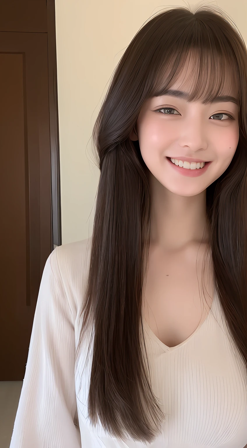 ((top-quality、8K、​masterpiece:1.3))、1girl in、Slim Abs Beauty:1.3、(Hairstyle Casual、huge tit:1.2)、doress:1.1、Super fine face、Delicat eyes、二重まぶた、a smile、home、toppless
