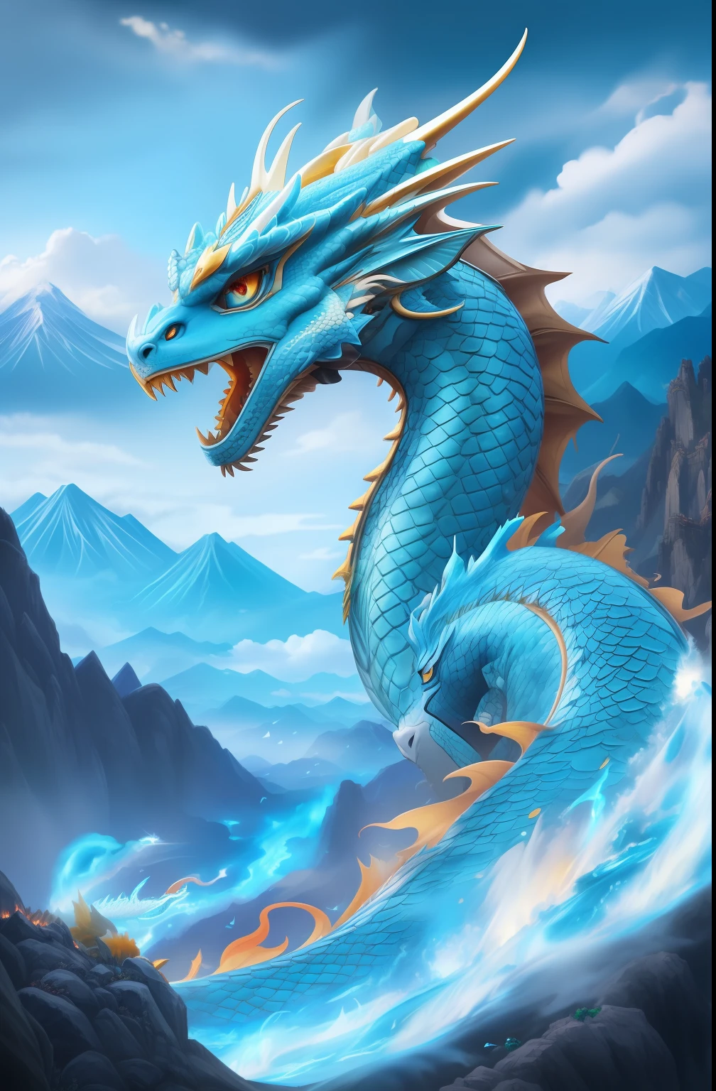 Close-up of a dragon with mountains in the background, cyan chinese dragon fantasy, Chinese dragon, smooth chinese dragon, blue dragon, chinese dragon concept art, fire flaming dragon serpent, Majestic Japanese Dragon, colossal dragon as background, dragon art, epic dragon, Phoenix Dragon, blue scaled dragon, legendary dragon, fire dragon, dragon blowing fire above