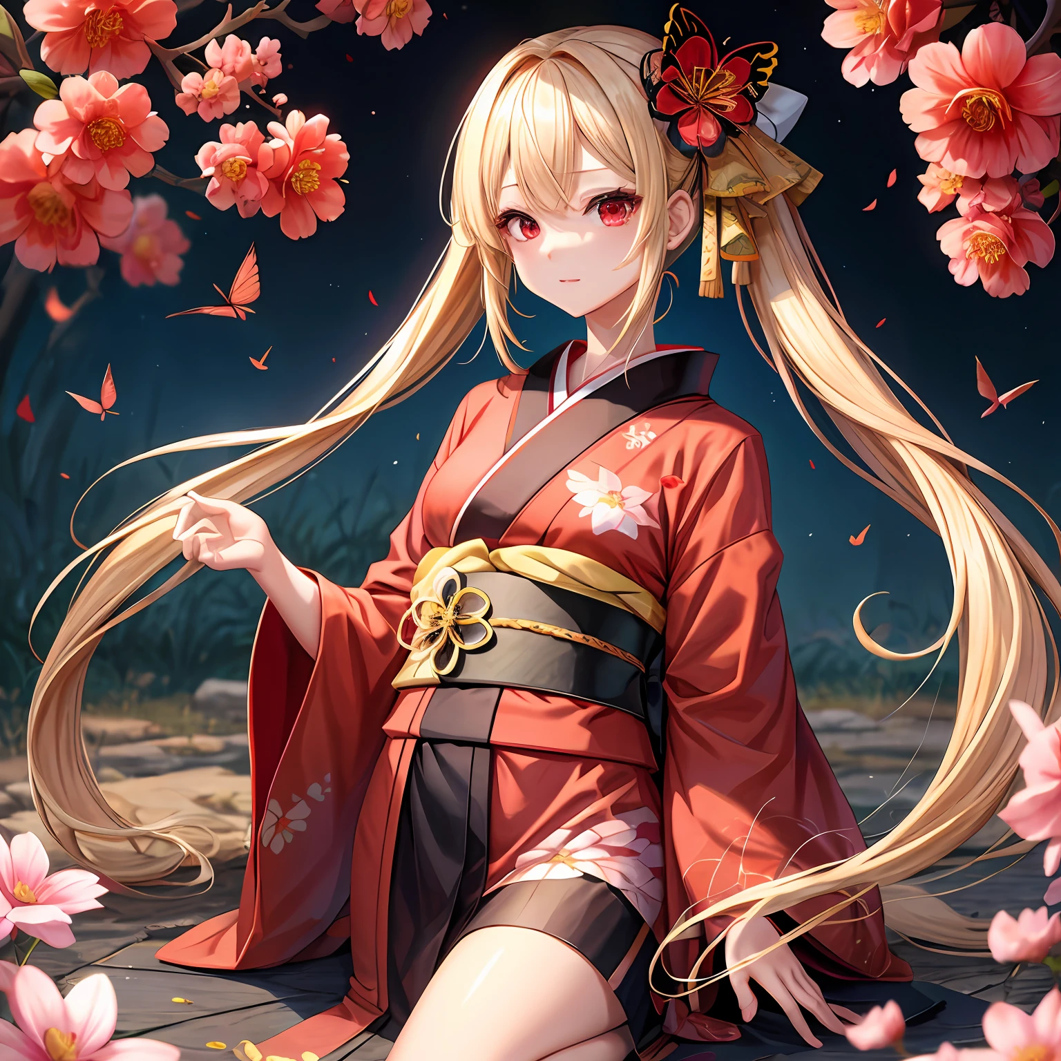 a blond、Hair is up、red eyes、One pretty girl、独奏、animesque、dark colored kimono、flower field、butterflys々、knifes
