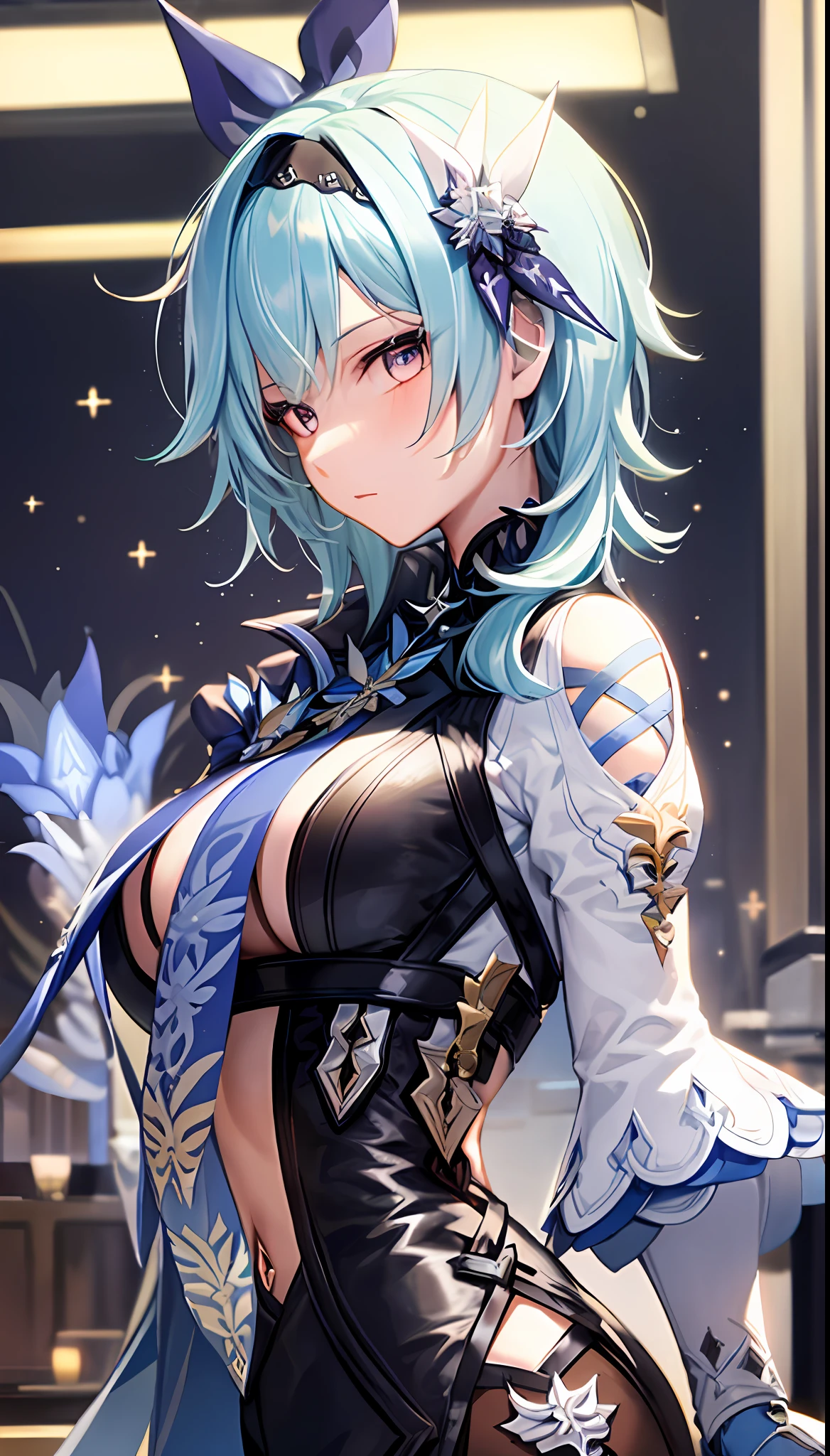 Mast, best quality, 1 girl, eula \ (Genshin Impact), blue hair, blond eyes, short hair, headband, hair accessories, looking at the audience, from the side, detailed eyes, large