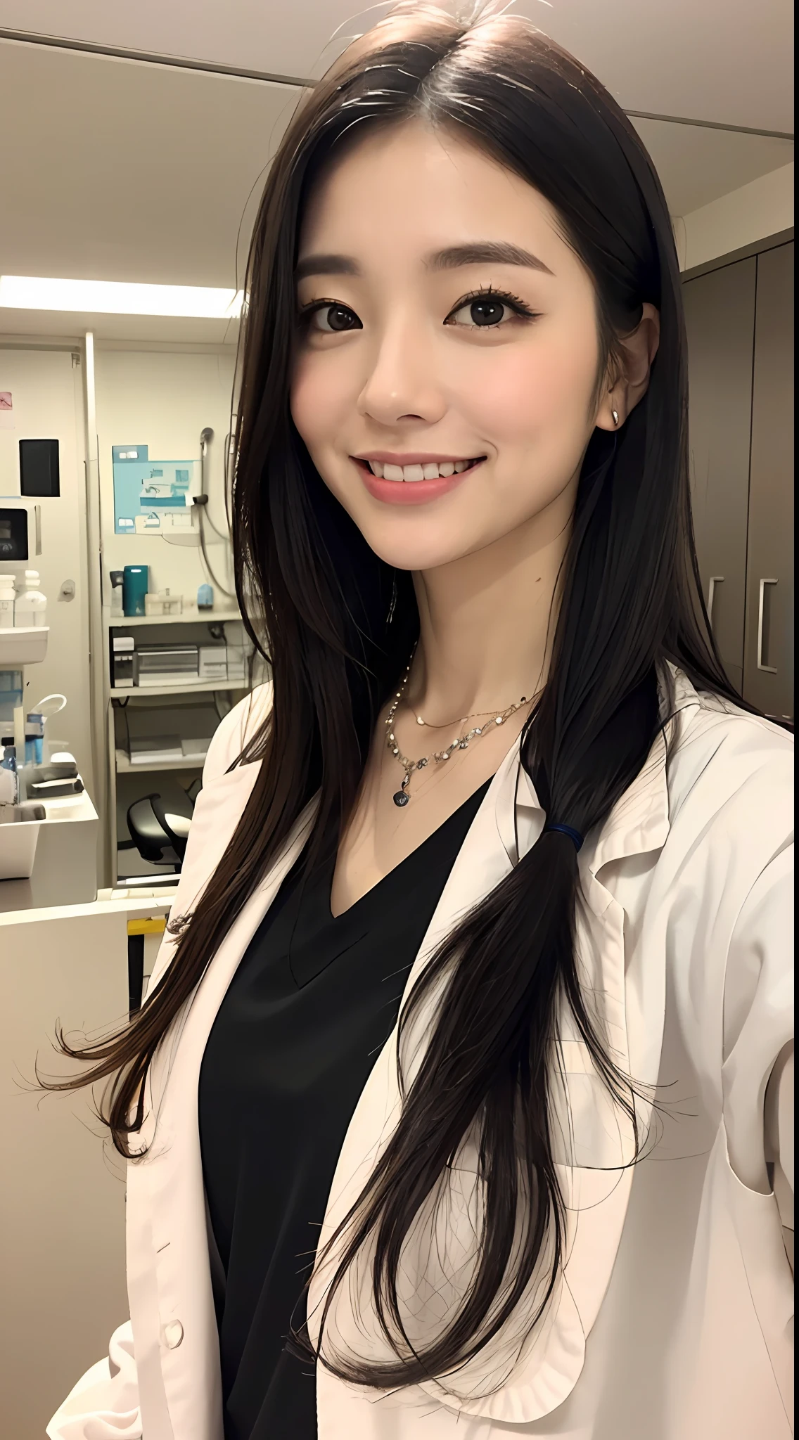 (realisitic、Photorealsitic:1.37)、(8K、Raw photography、top-quality、masterpiece:1.2)、ultra-detailliert、Heart-shaped pupil、physically-based renderingt、超A high resolution、Kodak Vision Color、Captured with an Arricam LT camera、bokeh dof、foco nítido、looking at viewerer、Photorealsitic、realisitic、独奏、Photorealsitic、((1womanl))、((A Japanese Lady))、((tsugumi ohba))、(A MILF))、((45 yers old))、((slim figure))、((Female Ophthalmologist))、((beautifully detailed hair))、((Black hair Long hair))、((hyperdetailed face))、((Smiling kindly))、((Detailed lab coat))、((Beautiful and detailed scruff))、((Detailed necklace))、
