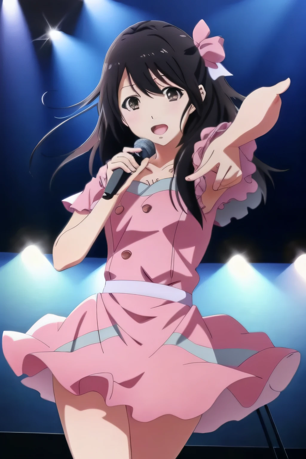 Anime girl in pink dress holding microphone、Point the camera, anime moe art style, marin kitagawa fanart, 8K!!, Shirabii, Anime visuals of cute girls, Rin, Official art, official artwork, 8K!, mayuri shiina, portrait of mayuri shiina, yuruyuri, sui ishida with black hair