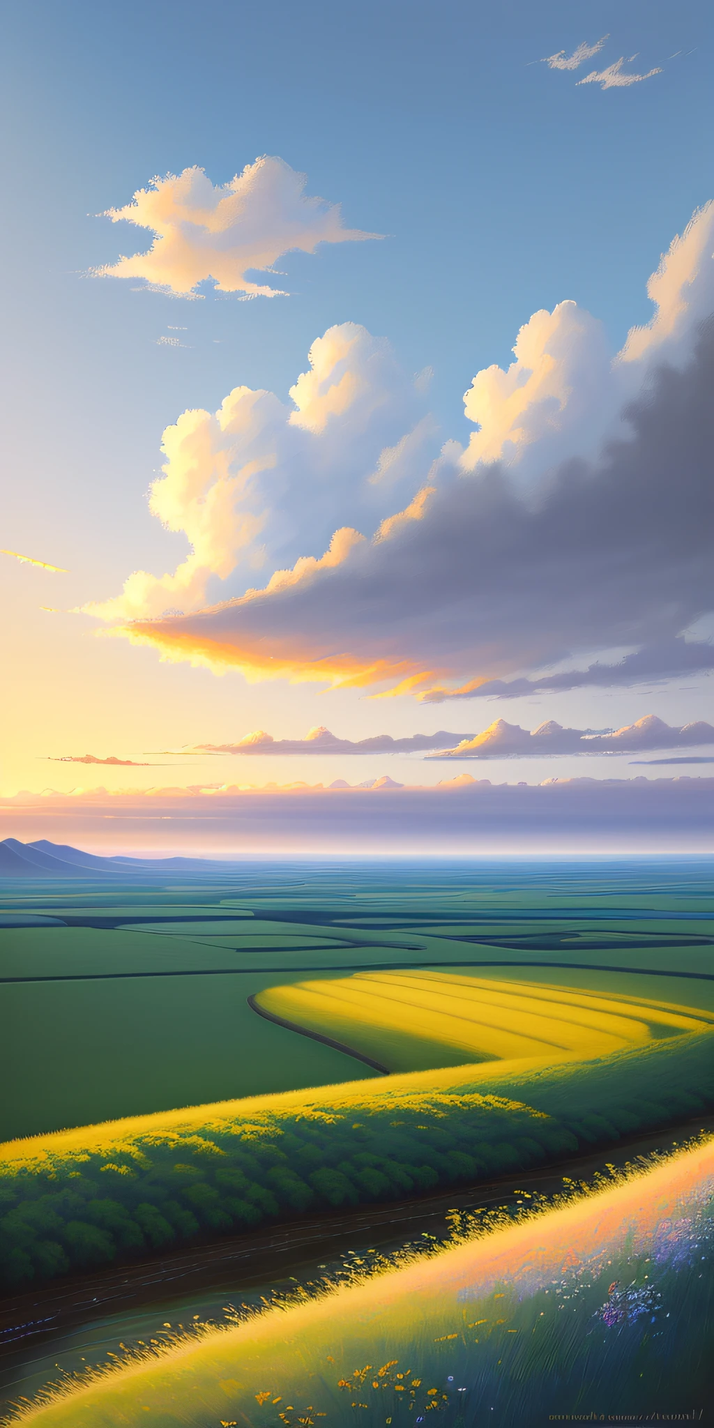 Realistic, real, beautiful and amazing landscape oil painting Ghibli Studio Hayao Miyazaki petal steppe with blue sky and white clouds, evening, sunset --v6