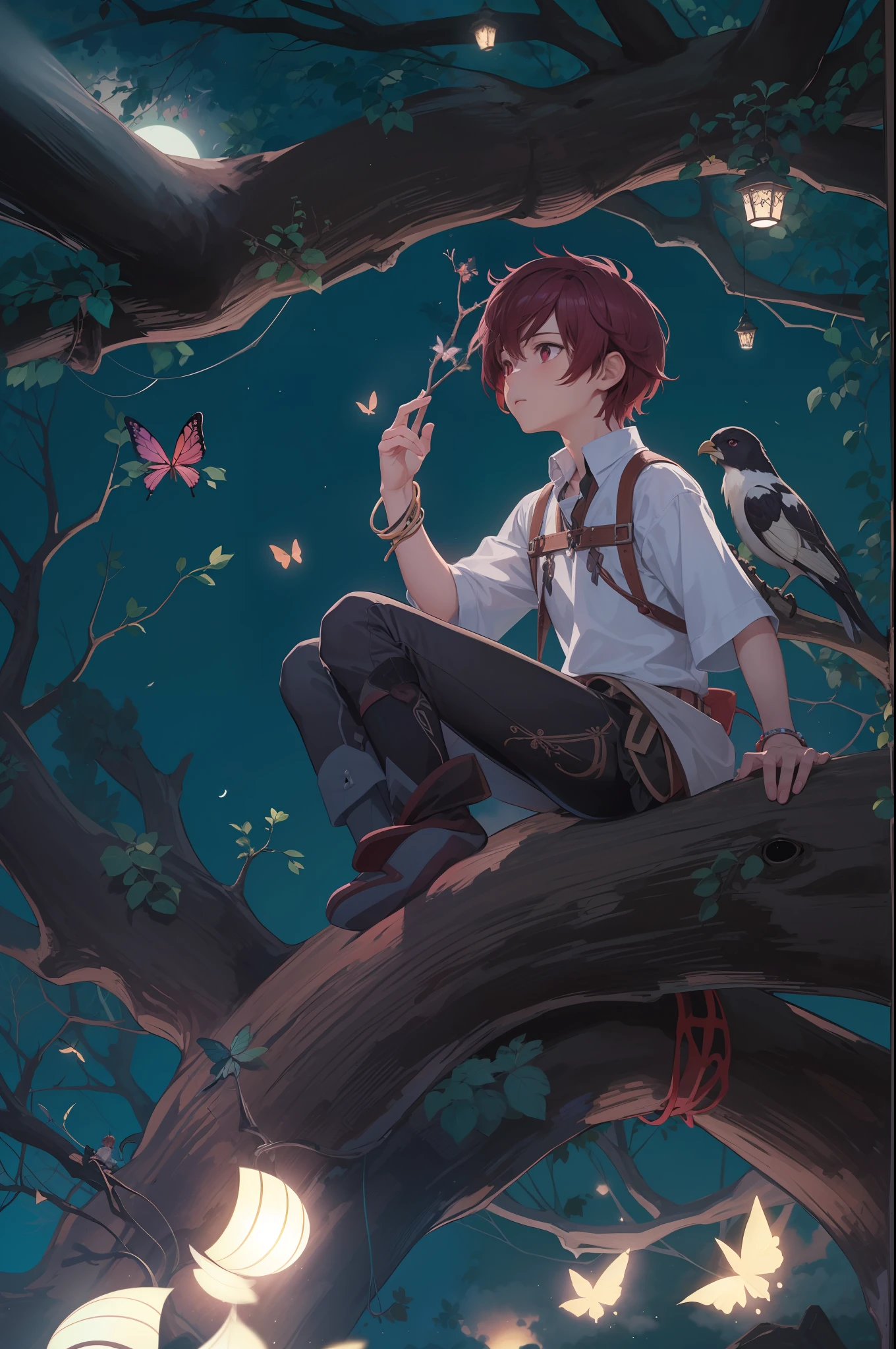 hightquality,Boy Looking Up at the Sky,Maroon hair,Sitting on the branches of a huge tree,Fantasia,A fantastic butterfly perches on his shoulder,The moonlight is shining brightly,anime wallpaper 4k, official fan art