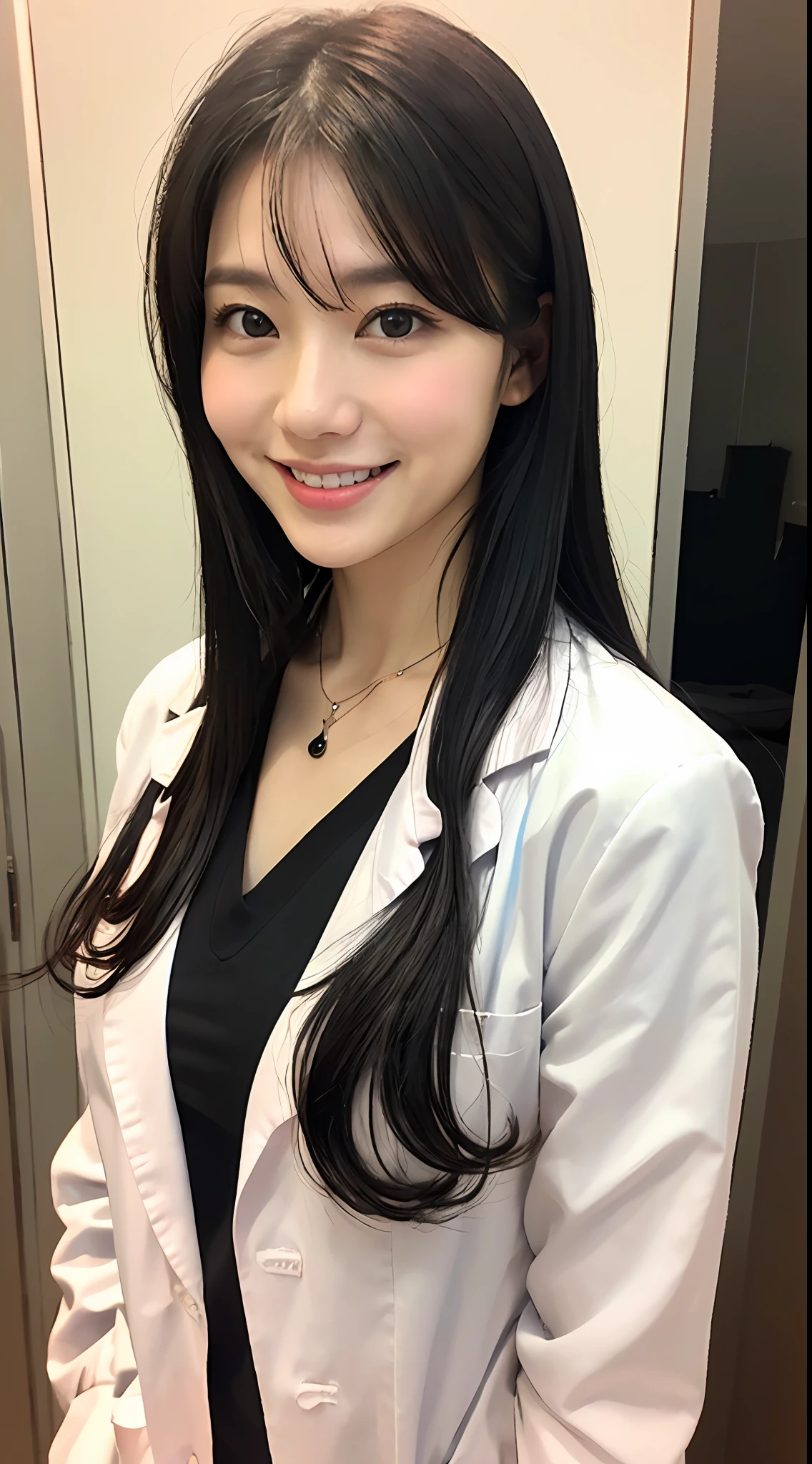 (realisitic、Photorealsitic:1.37)、(8K、Raw photography、top-quality、​masterpiece:1.2)、ultra-detailliert、Heart-shaped pupil、physically-based renderingt、超A high resolution、Kodak Vision Color、Captured with an Arricam LT camera、bokeh dof、foco nítido、looking at viewerer、Photorealsitic、realisitic、独奏、Photorealsitic、((1womanl))、((A Japanese Lady))、((tsugumi ohba))、(A MILF))、((45 yers old))、((slim figure))、((Female Ophthalmologist))、((beautifully detailed hair))、((Black hair Long hair))、((hyperdetailed face))、((Smiling kindly))、((Detailed lab coat))、((Beautiful and detailed scruff))、((Detailed necklace))、
