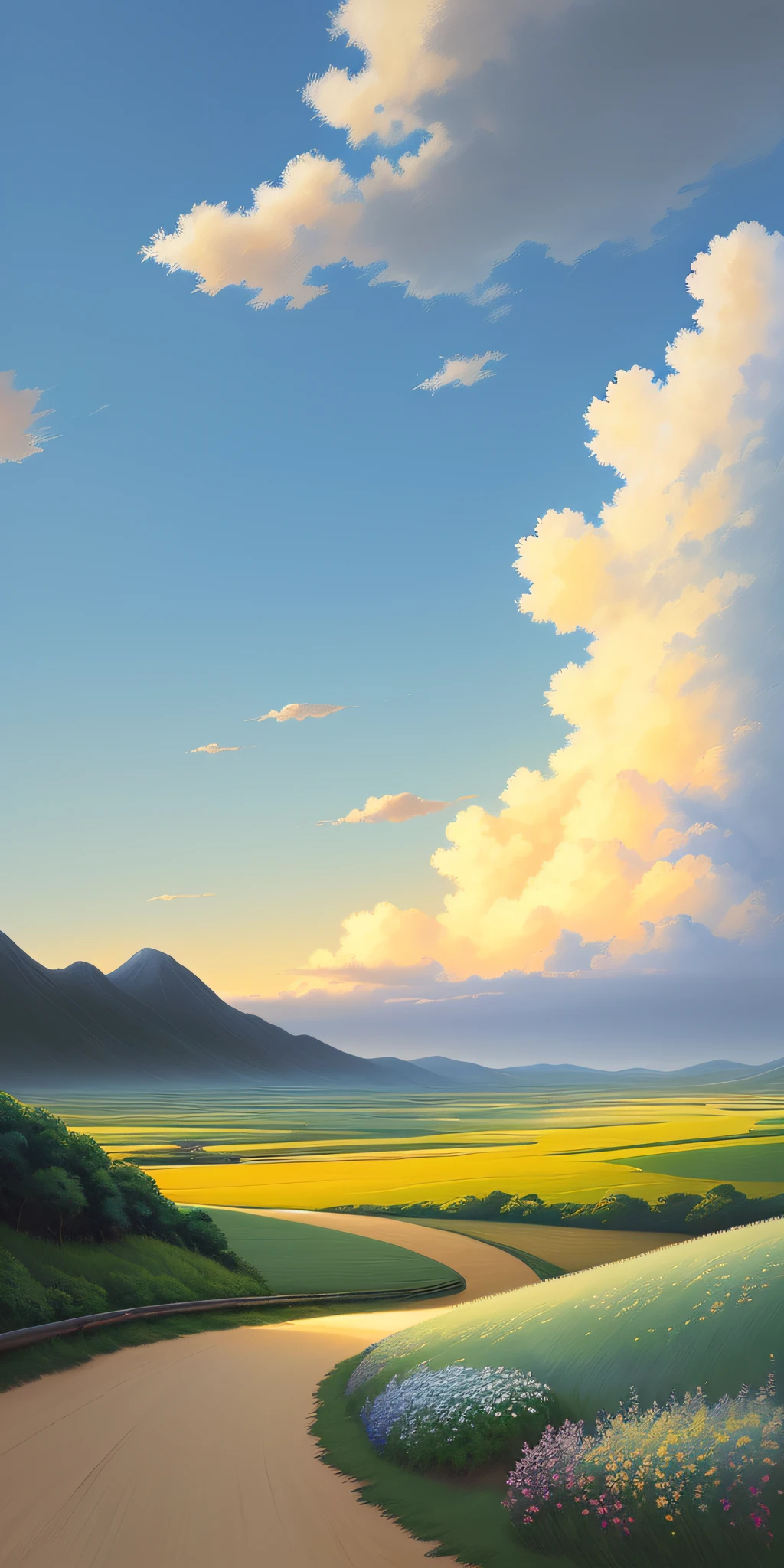 Realistic, real, beautiful and amazing landscape oil painting Ghibli Studio Hayao Miyazaki petal steppe with blue sky and white clouds, evening, sunset --v6
