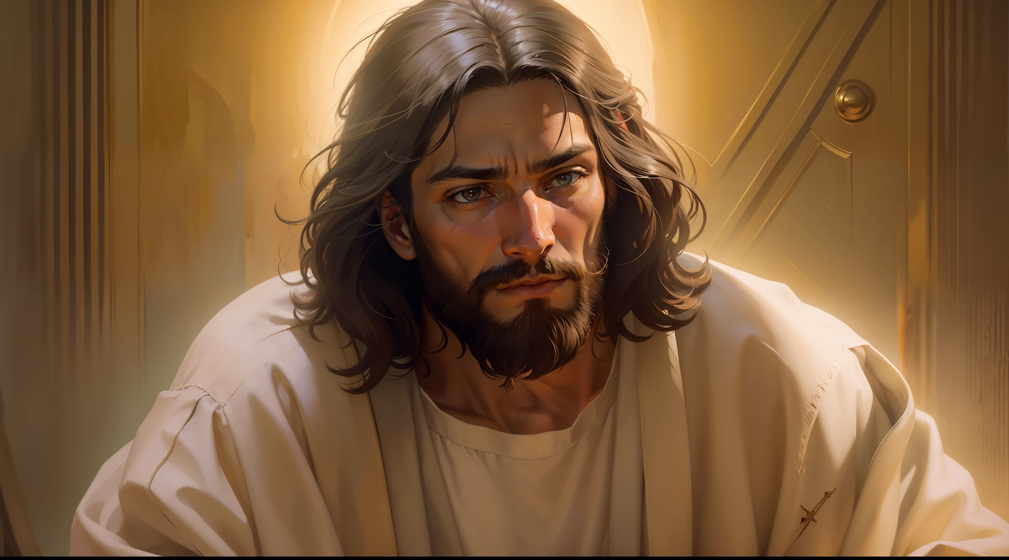 Um lindo retrato realista ultrafino de Jesus , o profeta, um homem 33 anos Hebreu, longos cabelos castanho, longa barba castonho, wearing white tunic, em vista frontal, corpo inteiro, biblical, realista,no deserto detalhes intrincados, por abbott fuller graves, bartolome esteban murillo, jc leyendecker, craig mullins, peter paul rubens, (caravaggio), trend in artstation, 8k, Concept Art, PhotoRealistic, Realistic, Illustration, Oil Painting, Surrealism, HyperRealistic, brush brushes, Arte digital, estilo, aquarel, jesus cristo pregado na cruz, jesus na cruz, Epic scene Jesus crucified, Jesus crucified in Jerusalem