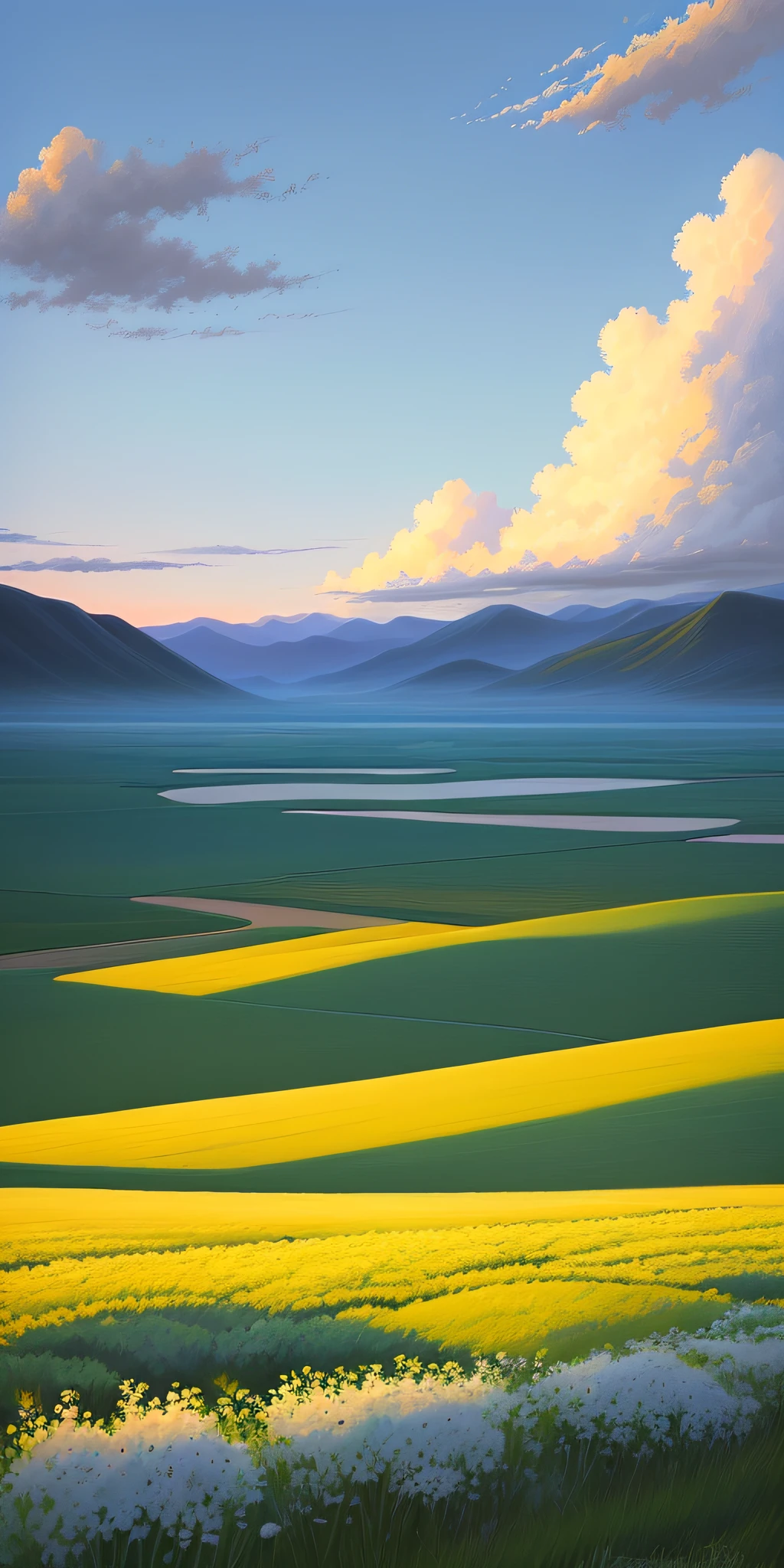 Realistic, real, beautiful and amazing landscape oil painting Ghibli Studio Hayao Miyazaki petal steppe with blue sky and white clouds, evening, sunset --v6